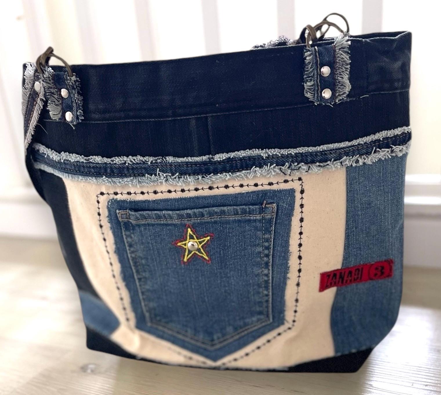Denim patchwork shoulder bag-tote bag upcycled jeans boho bag