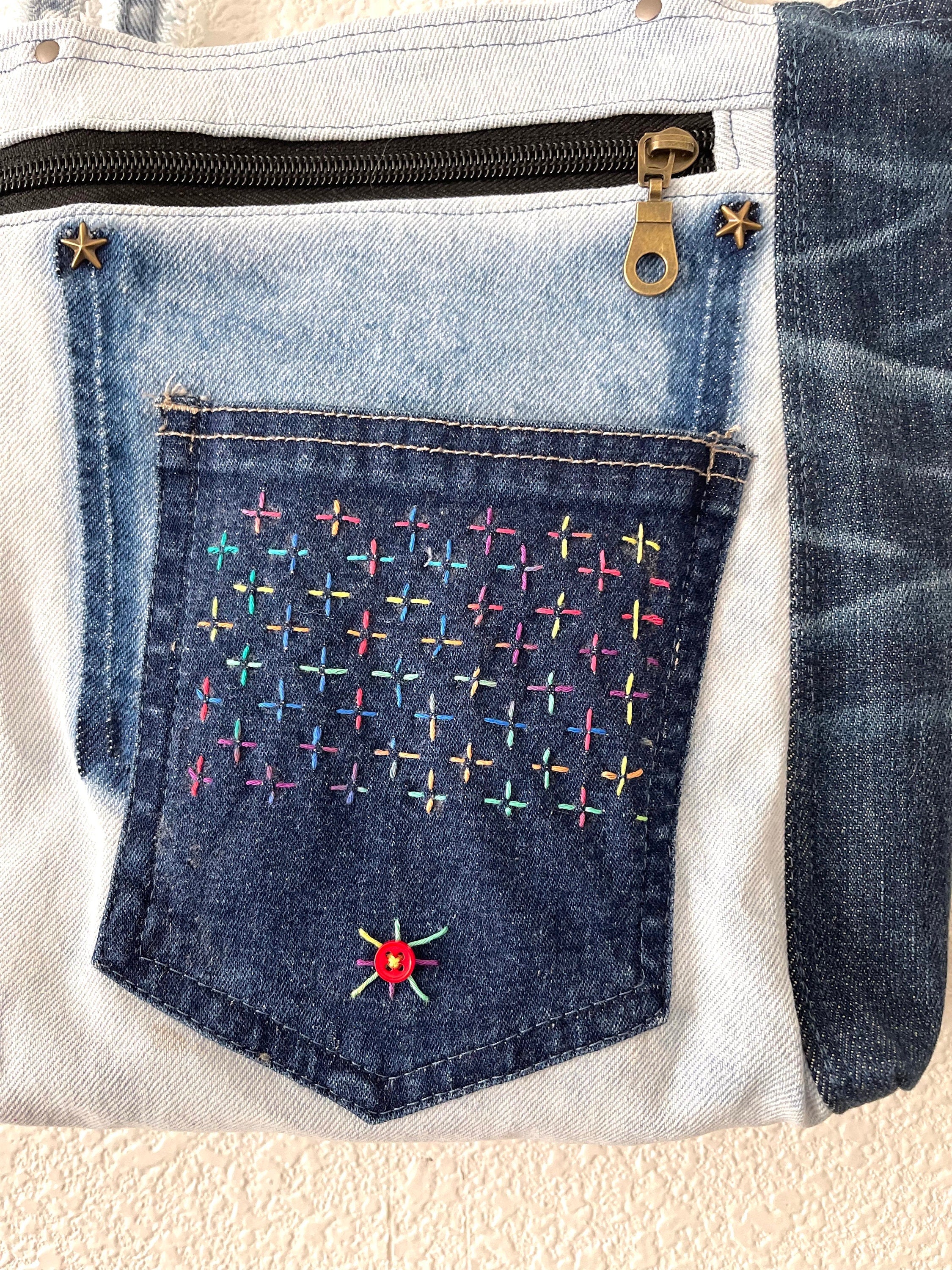 Denim Patchwork & Sachiko hand, embroidery,  Shoulder Bag - Upcycled Jeans