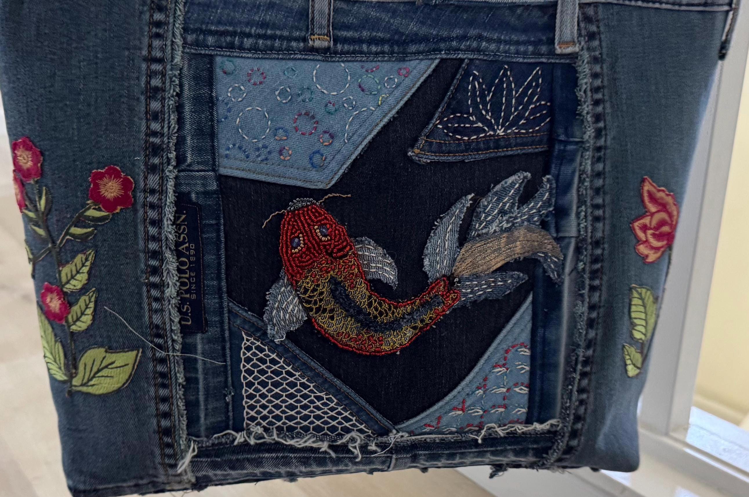 Upcycled Denim Tote Bag: Handmade Beaded Koi Fish Shoulder Bag