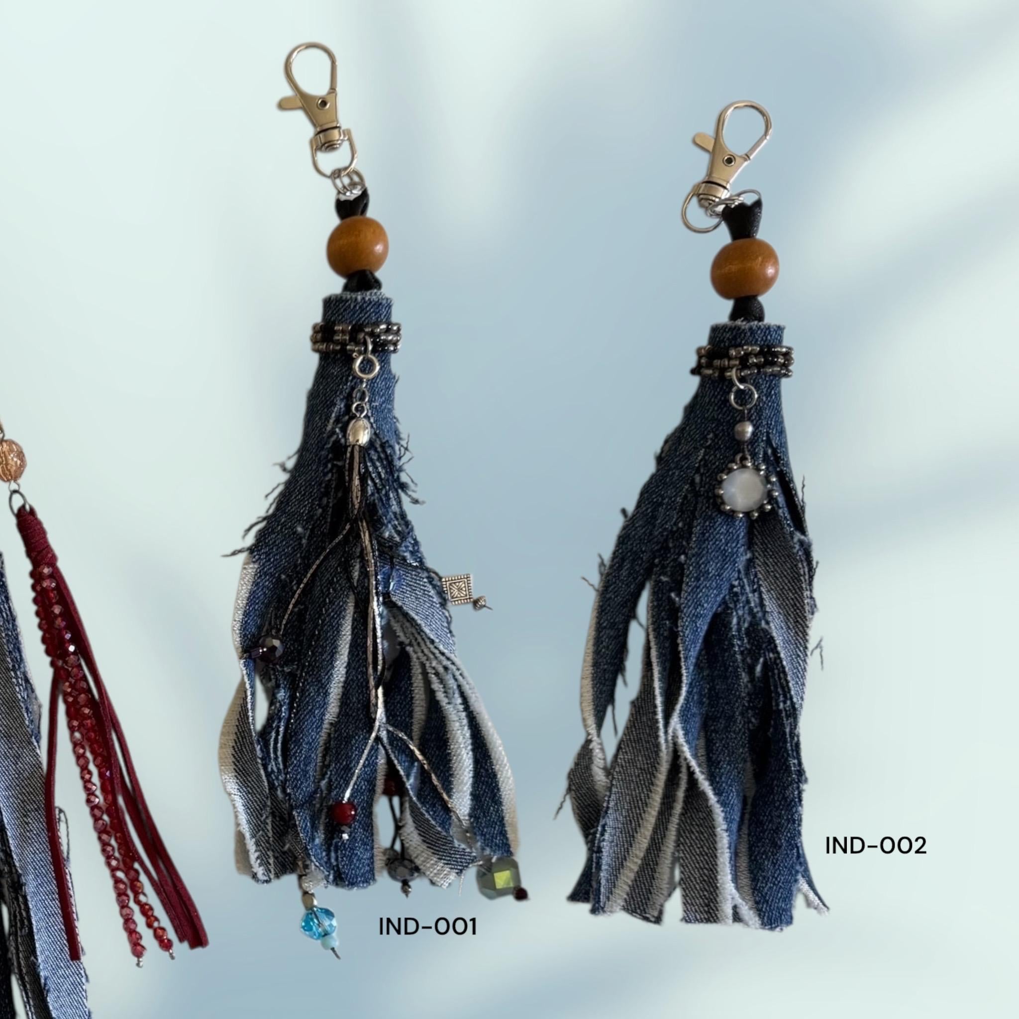 Boho Denim Tassel Charm: Handmade Crystal & Bead Bag Accessory