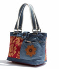 Upcycled Denim Patchwork Shoulder Bag | Leather Bottom Boho Tote Purse