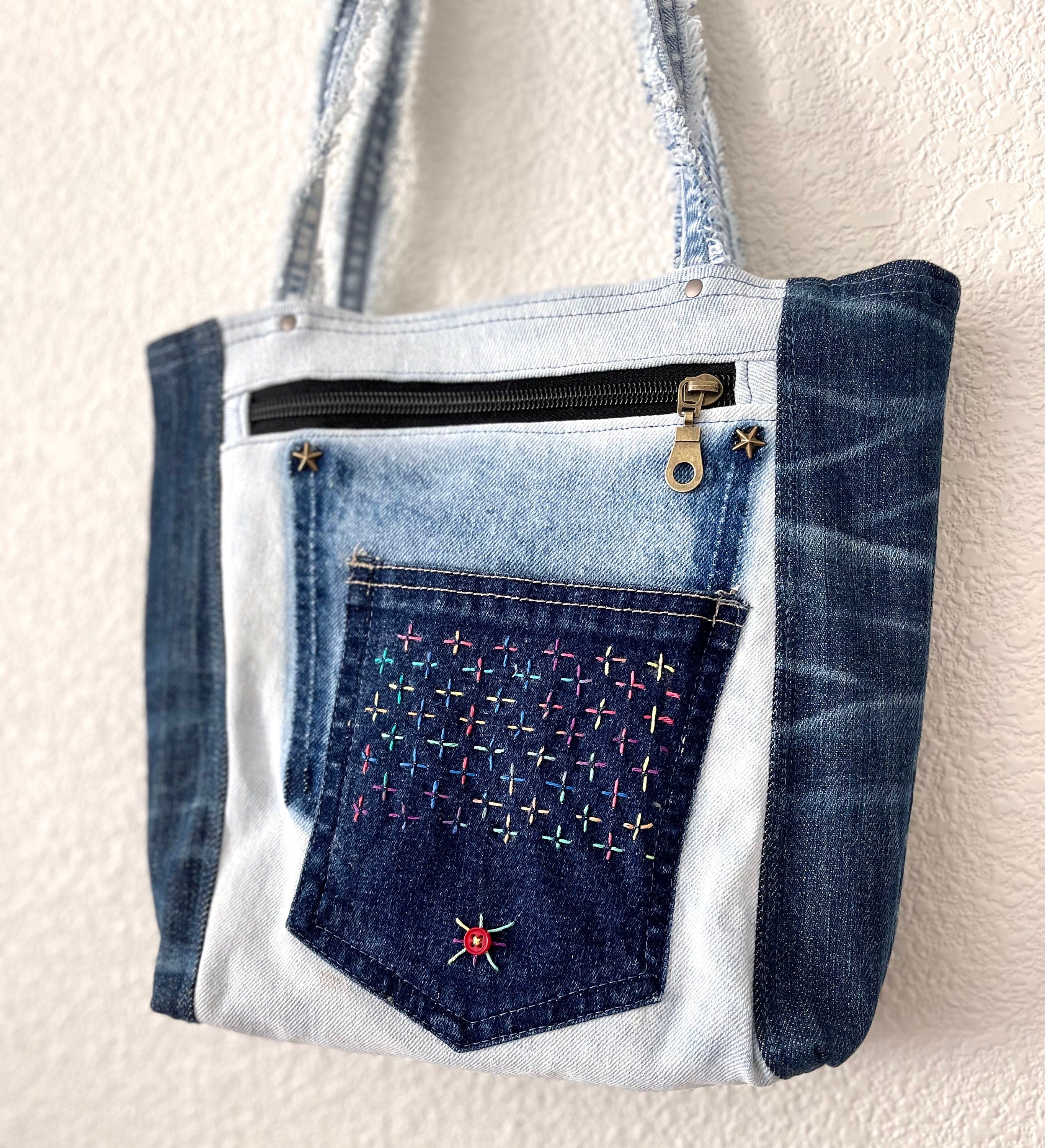 Denim Patchwork & Sachiko hand, embroidery,  Shoulder Bag - Upcycled Jeans