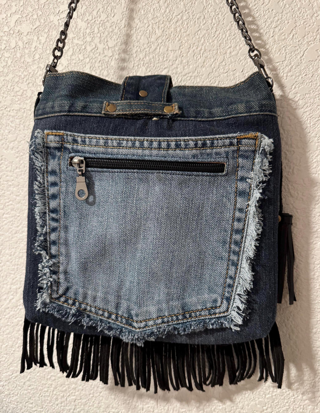 Handmade Denim Crossbody Bag – Embroidered Death Moth, Leather Fringe