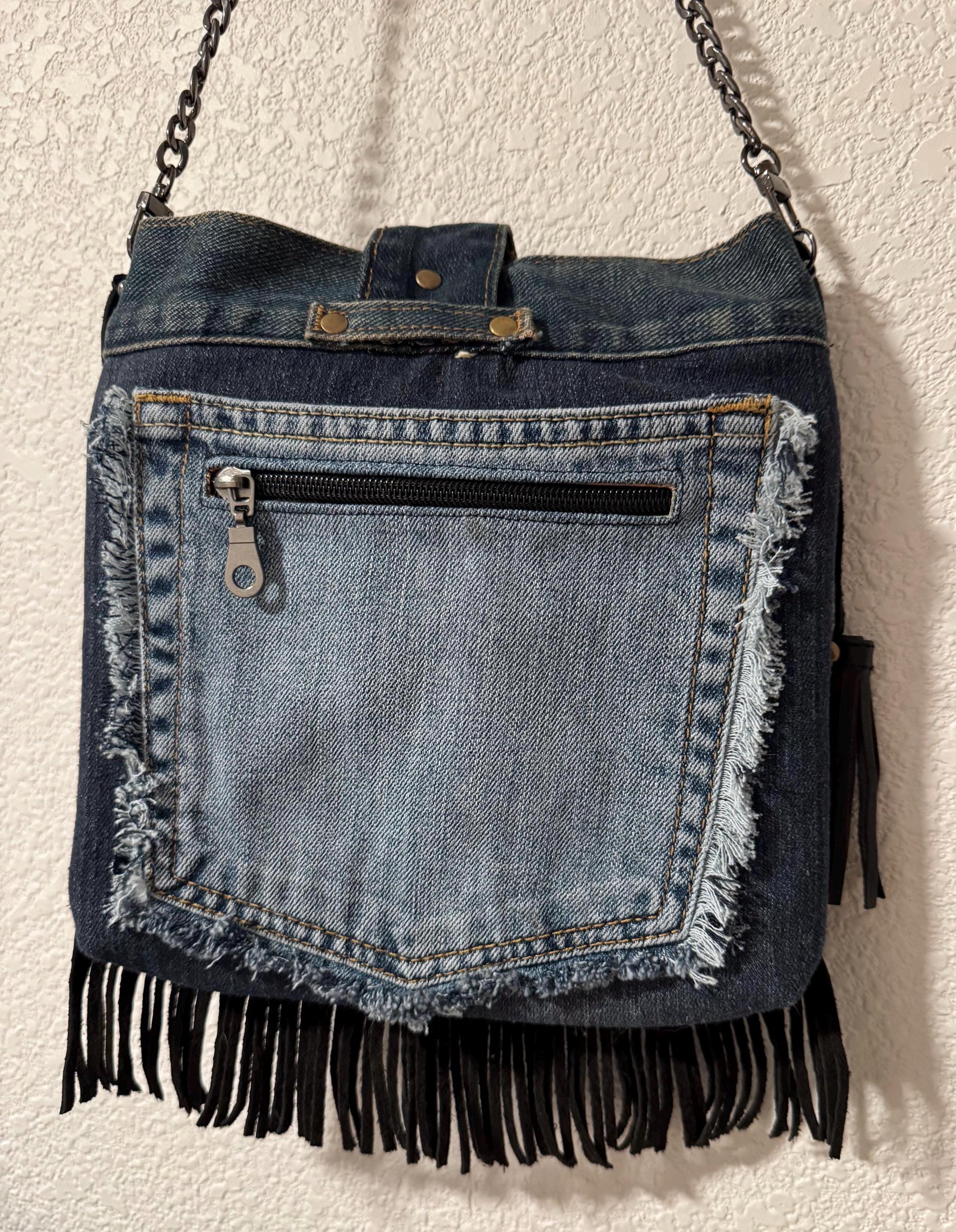 Handmade Denim Crossbody Bag – Embroidered Death Moth, Leather Fringe