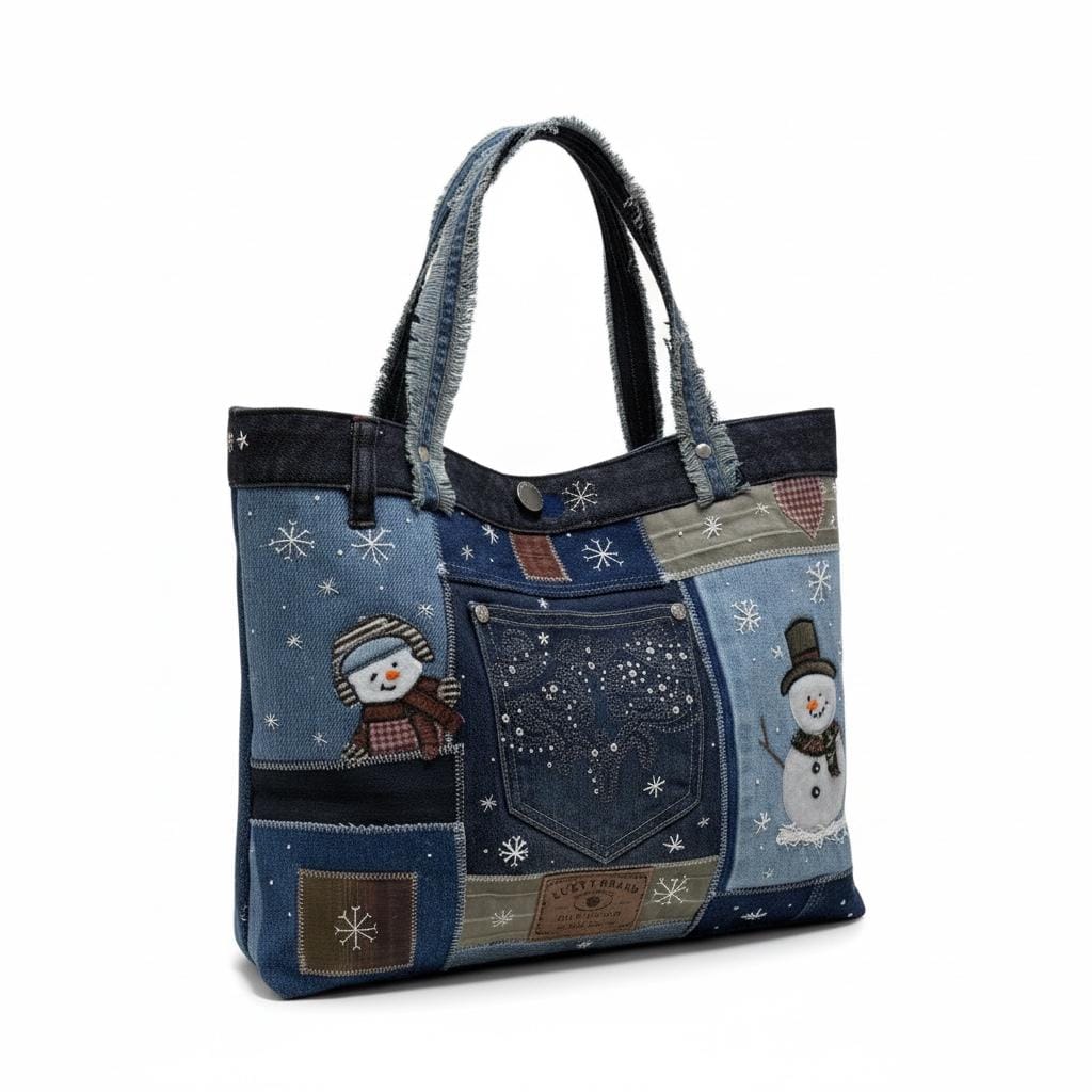 Handmade Upcycled Denim Tote – Snowman Patchwork Winter Bag