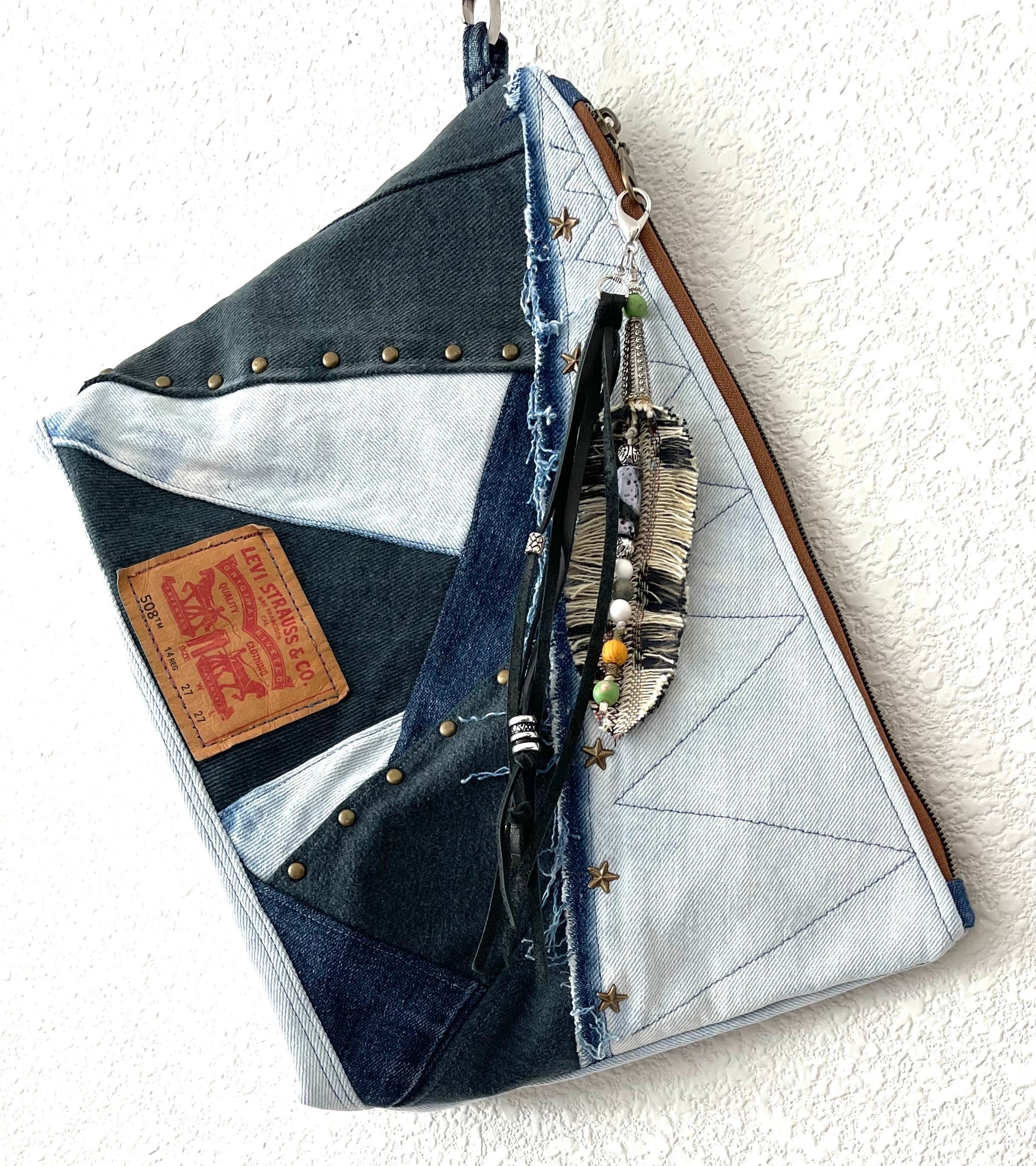 Upcycled Denim Patchwork Handbag, Boho Tassel Clutch