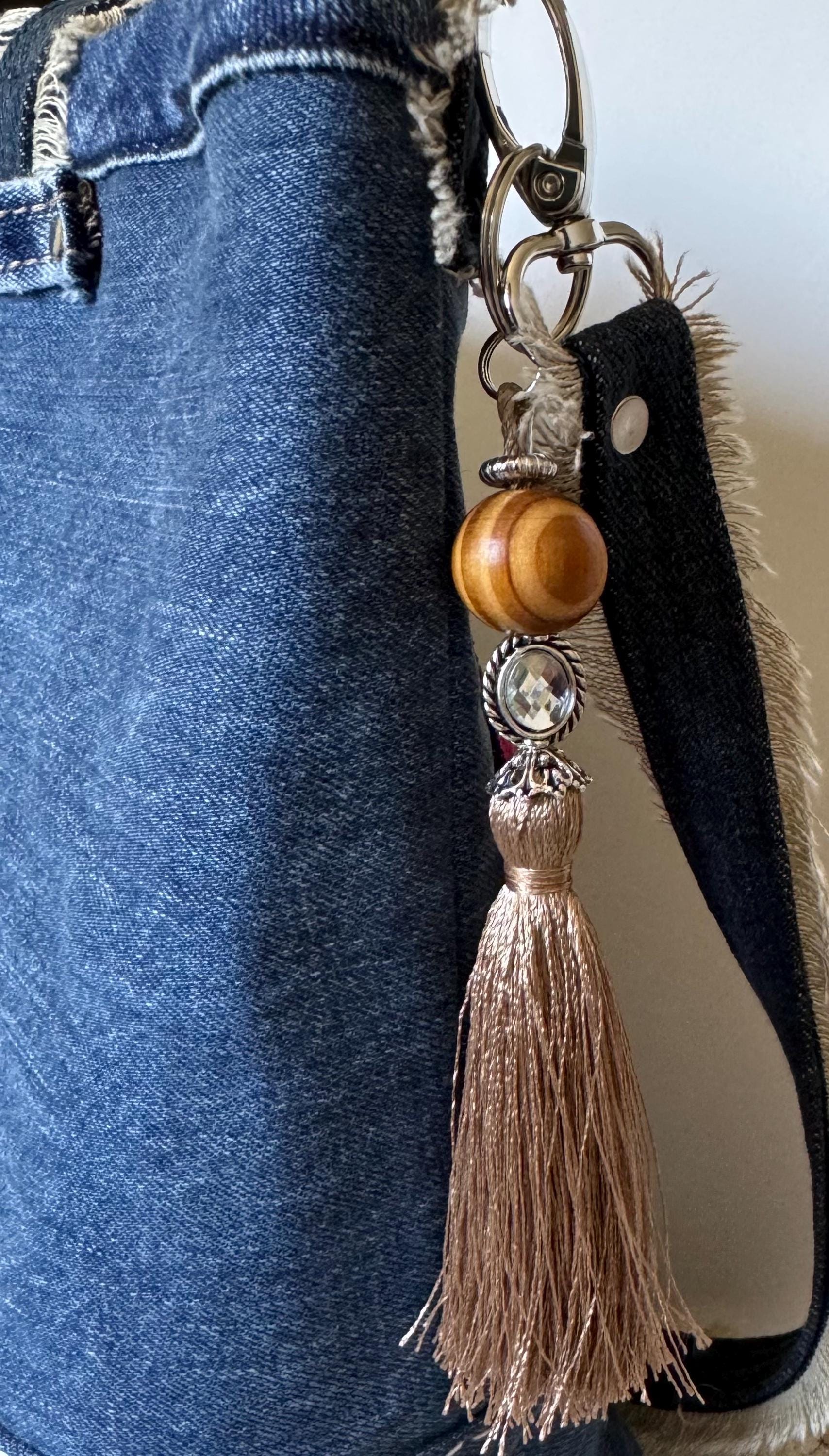 Boho Tassel Bag Charms – Wooden Beads, Silk Tassels, Leather Feather – Keychain or Bag Accessory