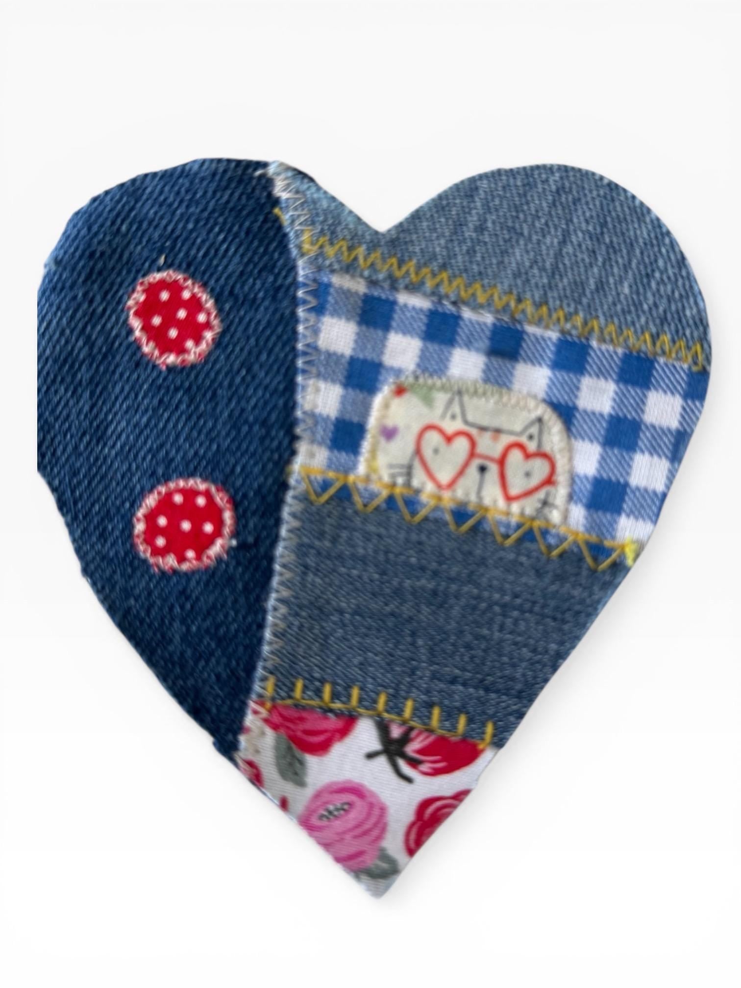 Handmade Denim Heart Patches – Upcycled Patchwork Appliqué for Jackets, Jeans, Bags