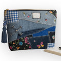 Upcycled Denim Patchwork Handbag, Floral Accents, Sustainable Jean Purse
