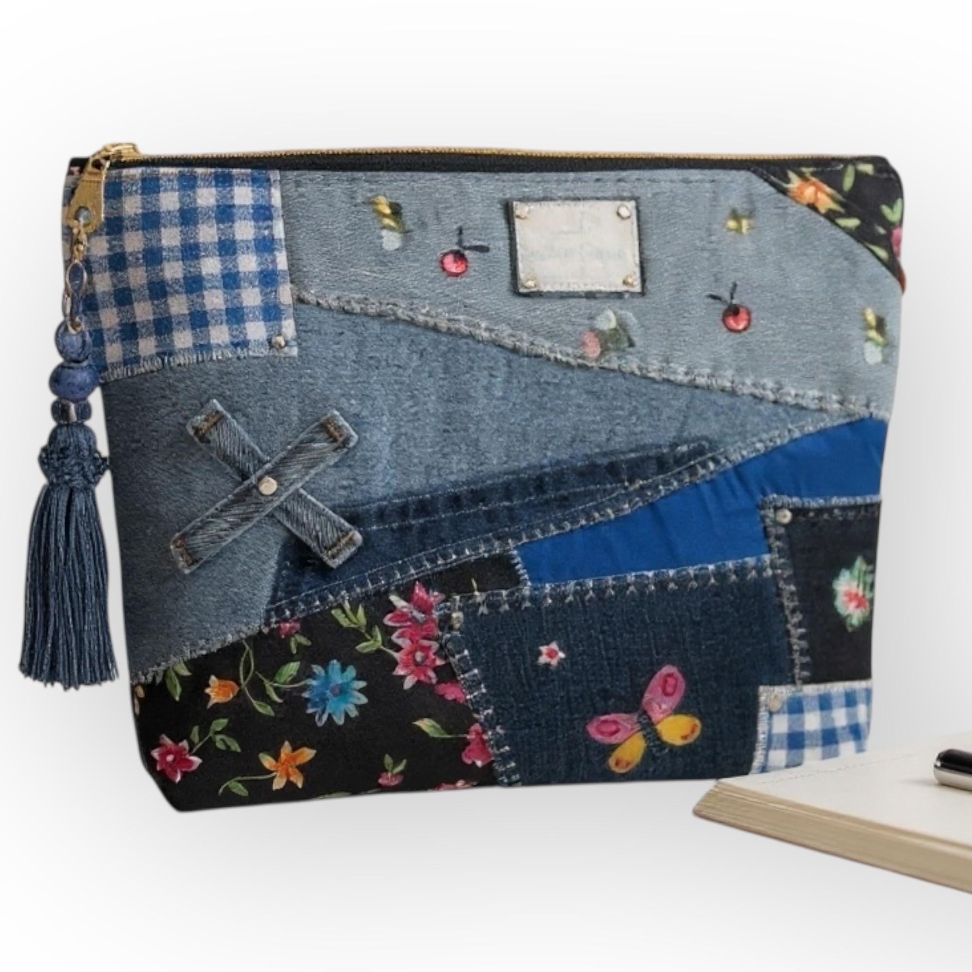 Upcycled Denim Patchwork Handbag, Floral Accents, Sustainable Jean Purse