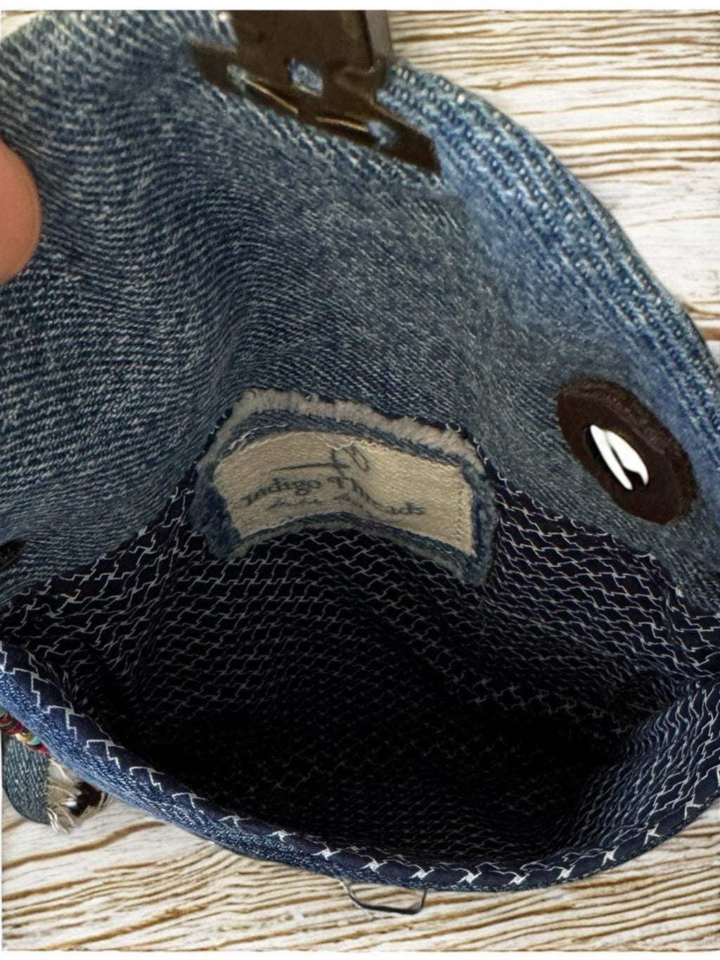 Upcycled Denim Crossbody Bag – Patchwork Design with Beaded Trim