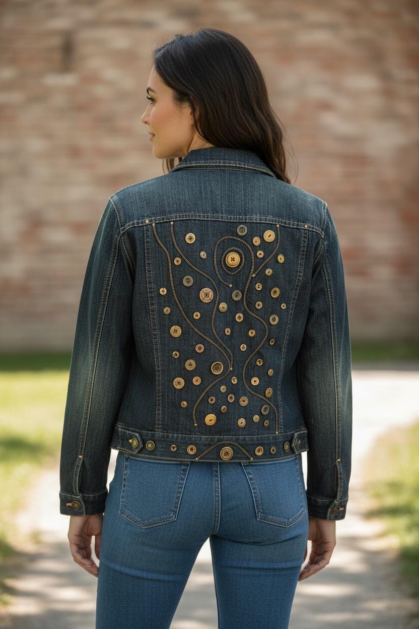 Upcycled Denim Jacket – One-of-a-Kind Wearable Art with Button & Zipper Design | Size Large