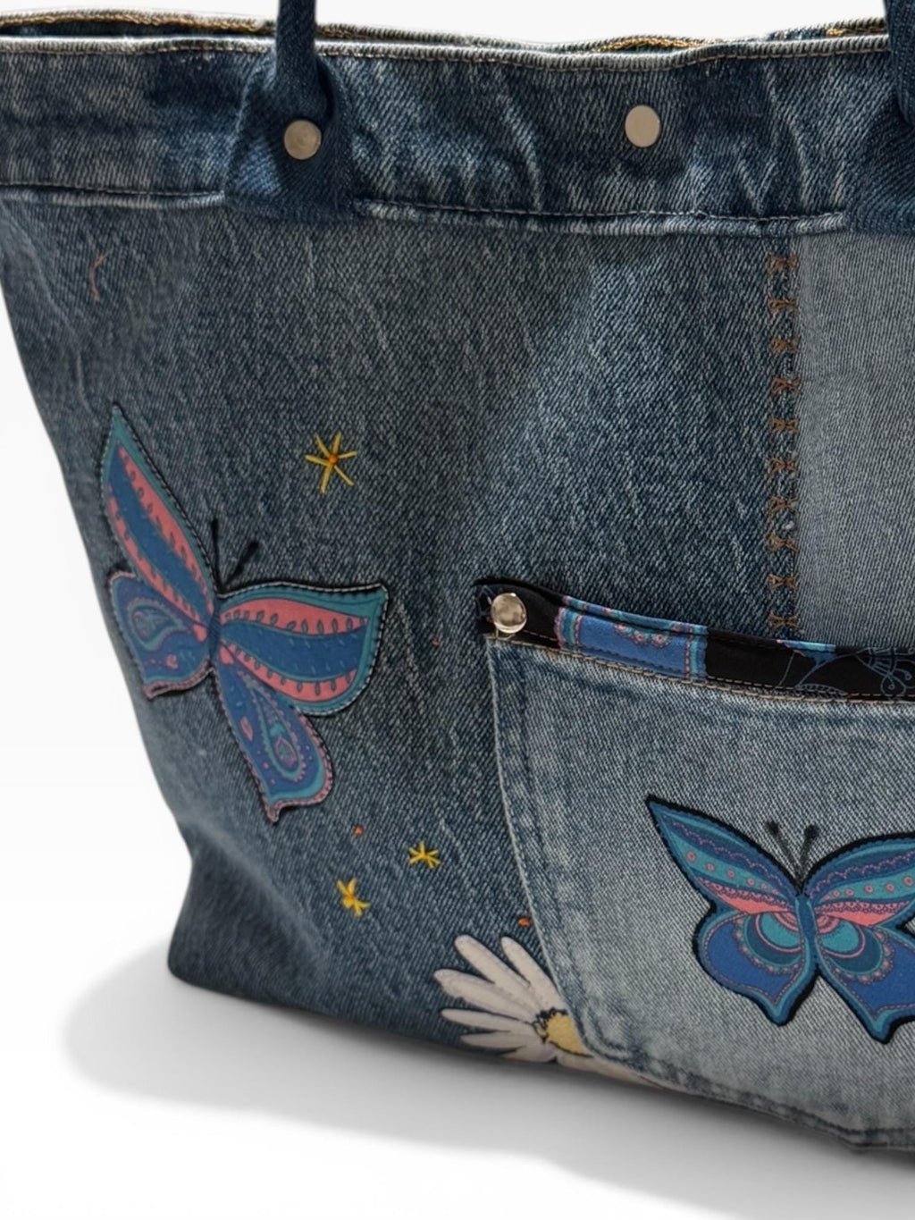 Patchwork Denim Butterfly Tote Bag – Upcycled Jeans Handbag, Floral Applique Purse