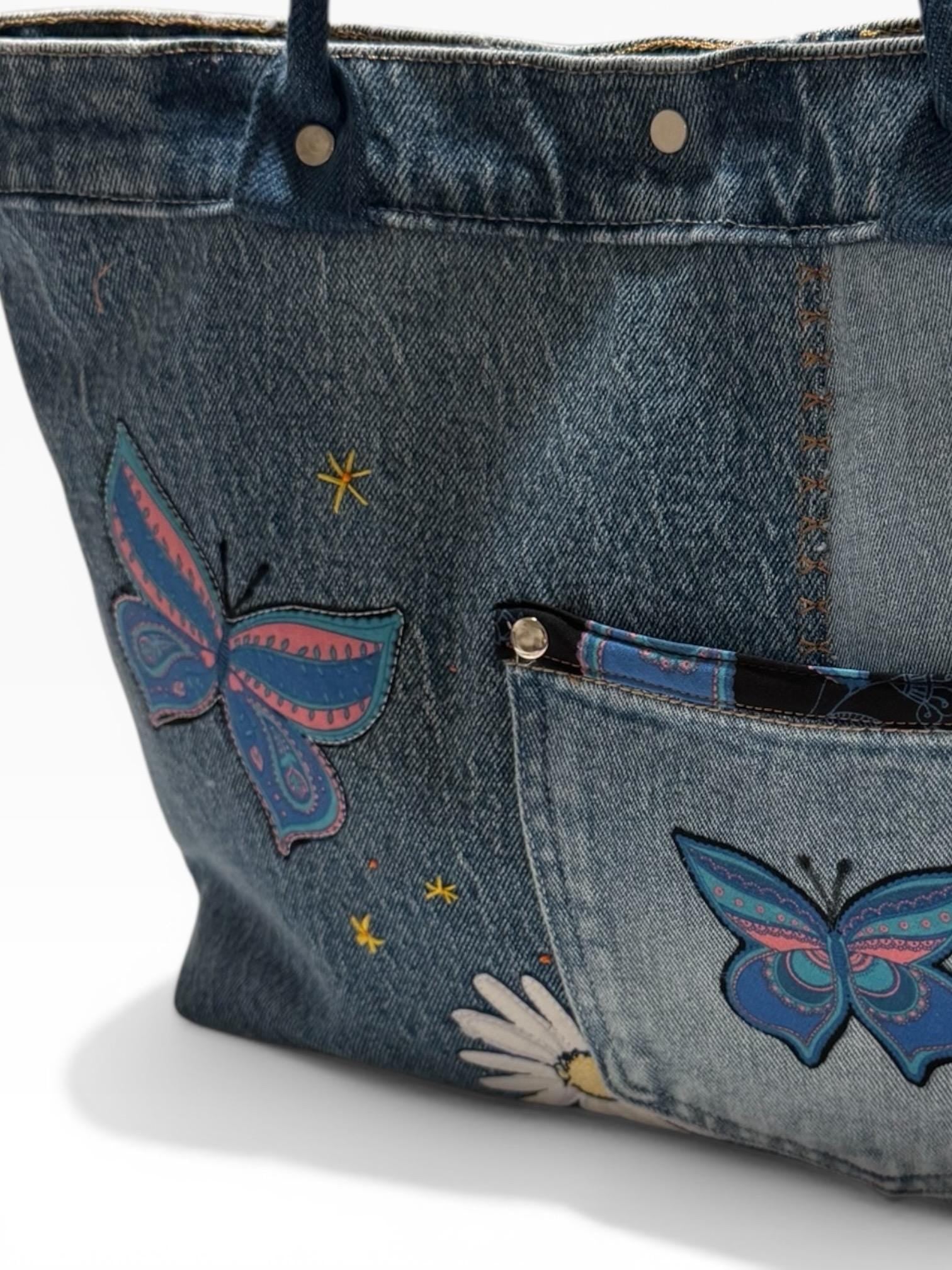 Patchwork Denim Butterfly Tote Bag – Upcycled Jeans Handbag, Floral Applique Purse