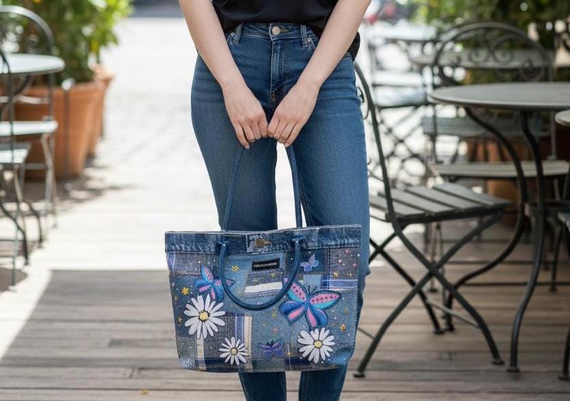 Patchwork Denim Butterfly Tote Bag – Upcycled Jeans Handbag, Floral Applique Purse