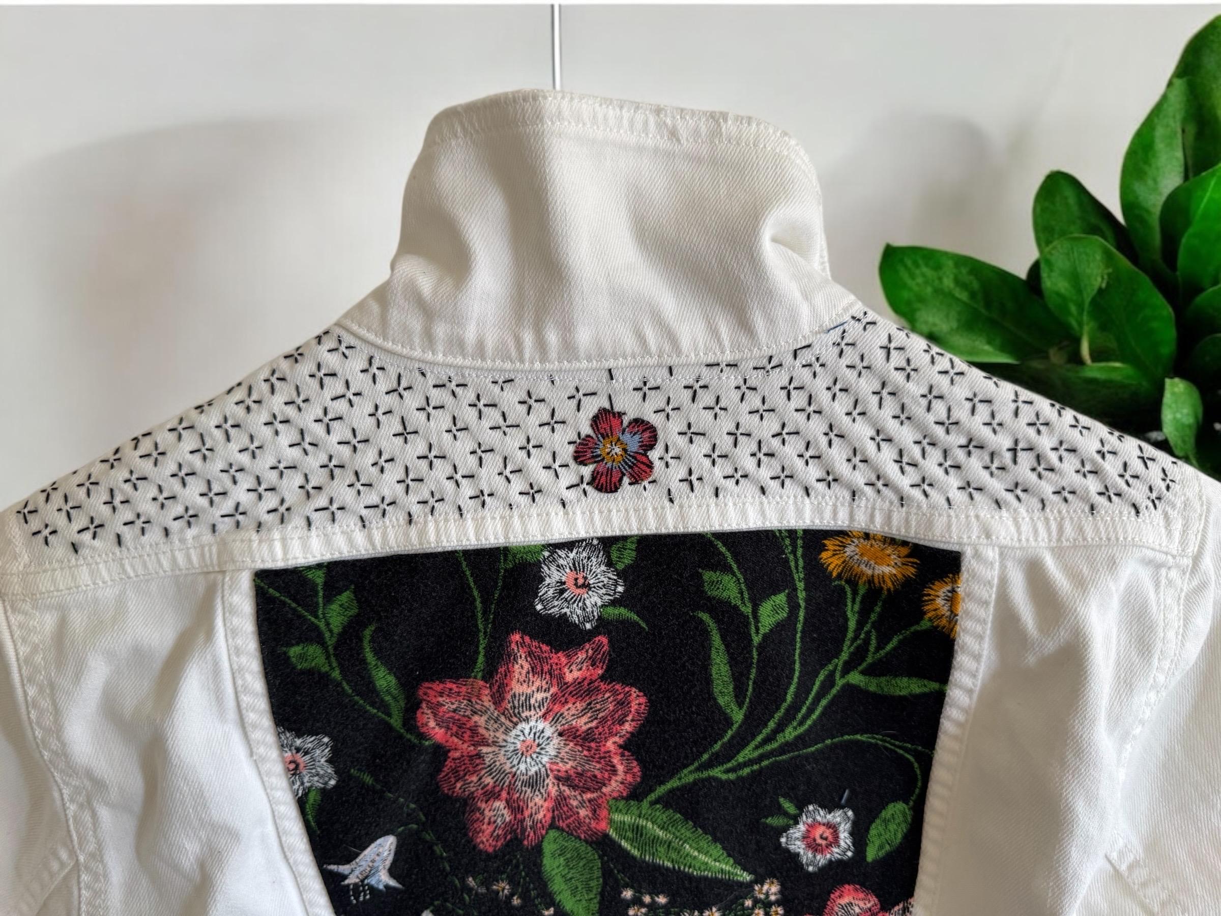 One-of-a-Kind White Distressed Denim Jacket – Patchwork, Sashiko Stitching & Tassel Embellishments – Small Size