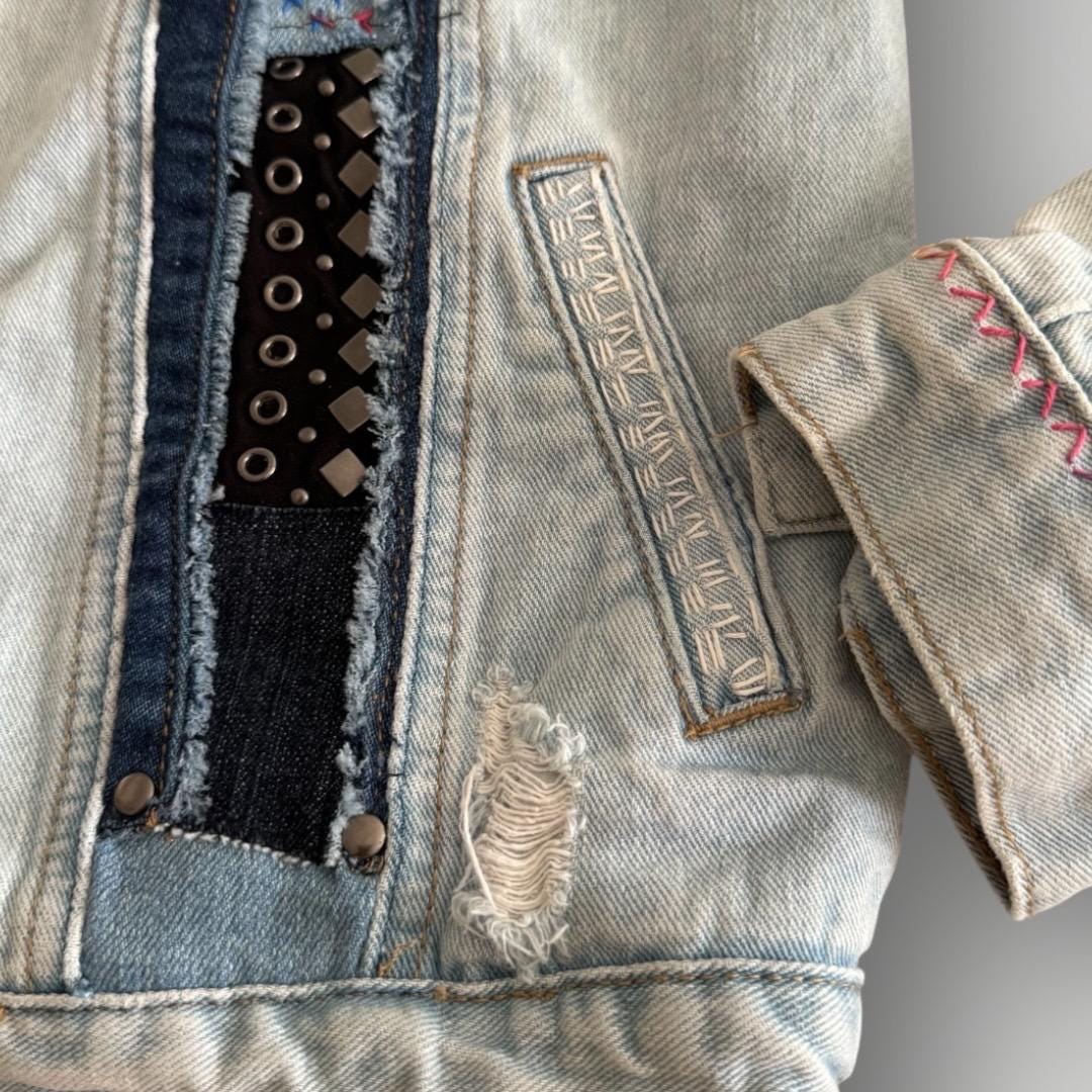 One-of-a-Kind Sashiko Boro Denim Jacket with Butterfly Appliqué | Hand-Embroidered, Upcycled, Japanese Threads
