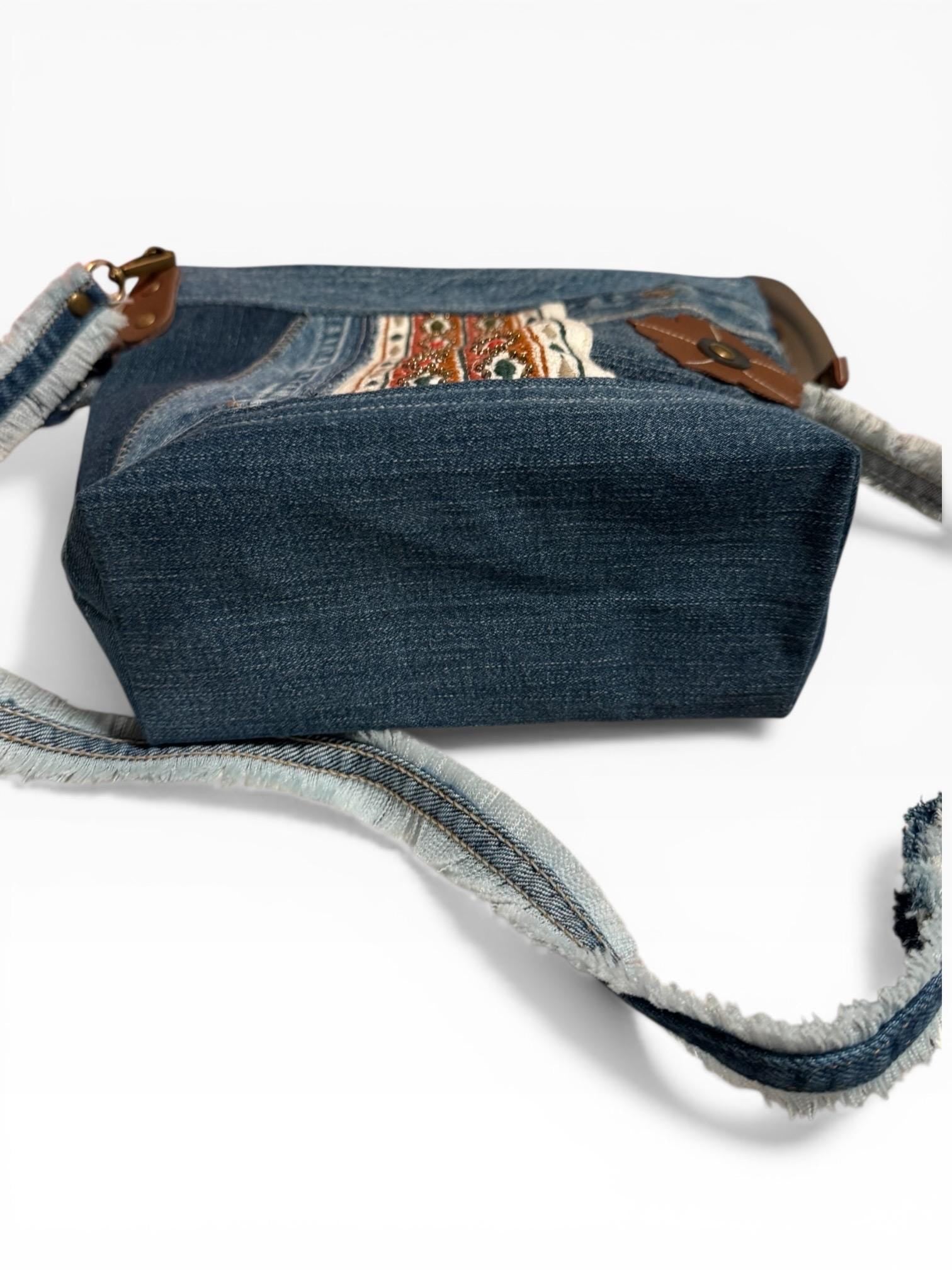 Upcycled Denim Crossbody Bag | Patchwork Boho Western Purse with Leather Flower