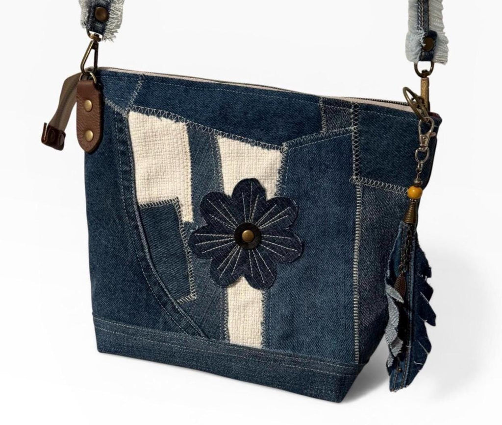 Upcycled Denim Crossbody Bag | Patchwork Boho Western Purse with Leather Flower