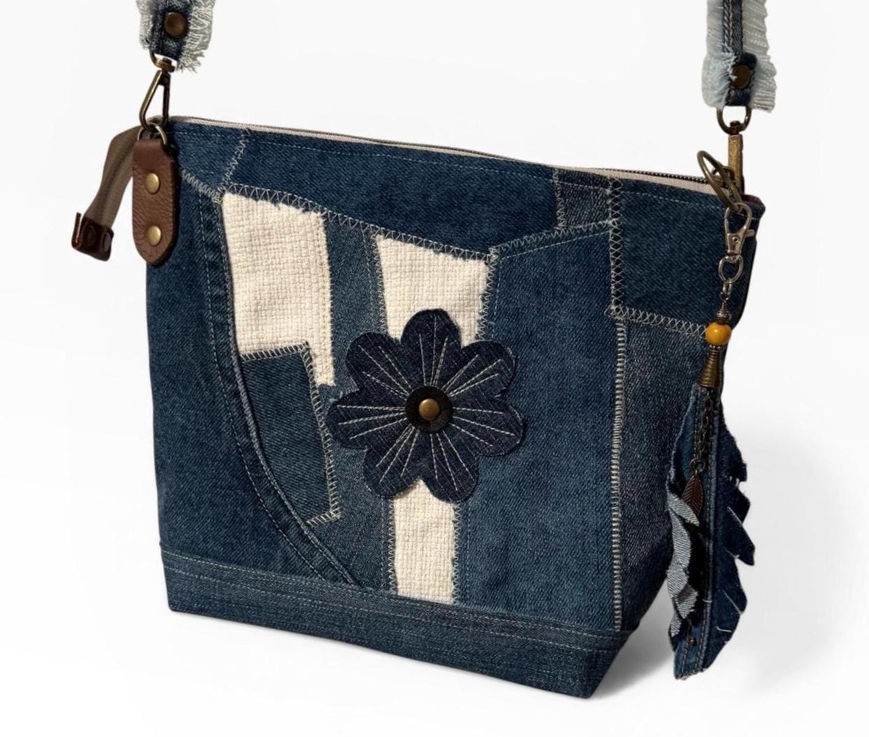 Upcycled Denim Crossbody Bag | Patchwork Boho Western Purse with Leather Flower