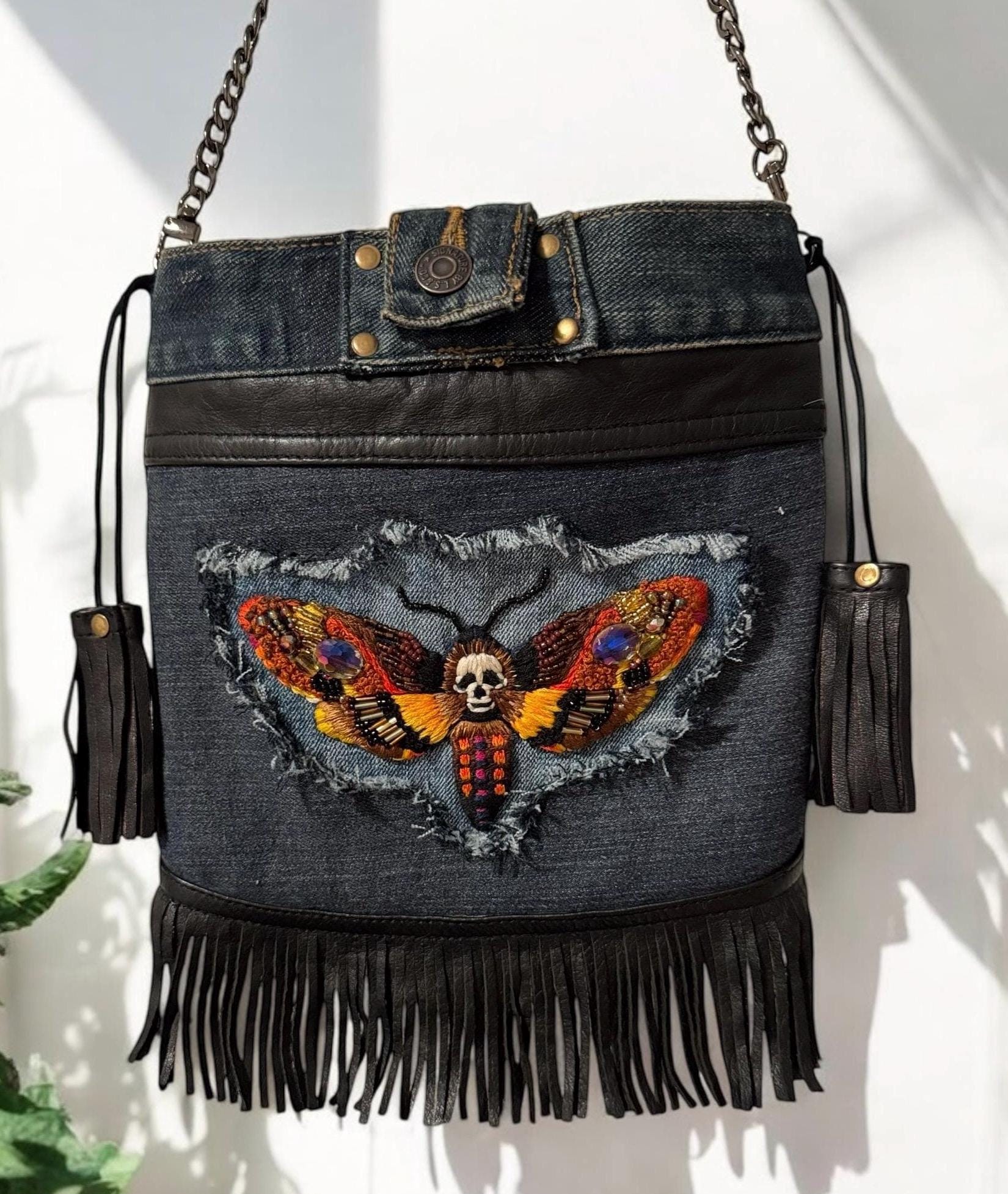 Handmade Denim Crossbody Bag – Embroidered Death Moth, Leather Fringe