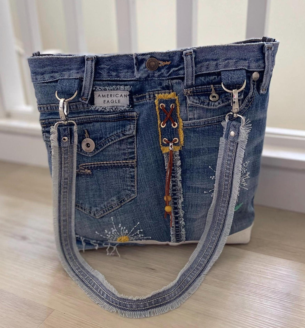 Denim Tote Hand embroidery patchwork shoulder bag-Sashiko inspired one of a kind