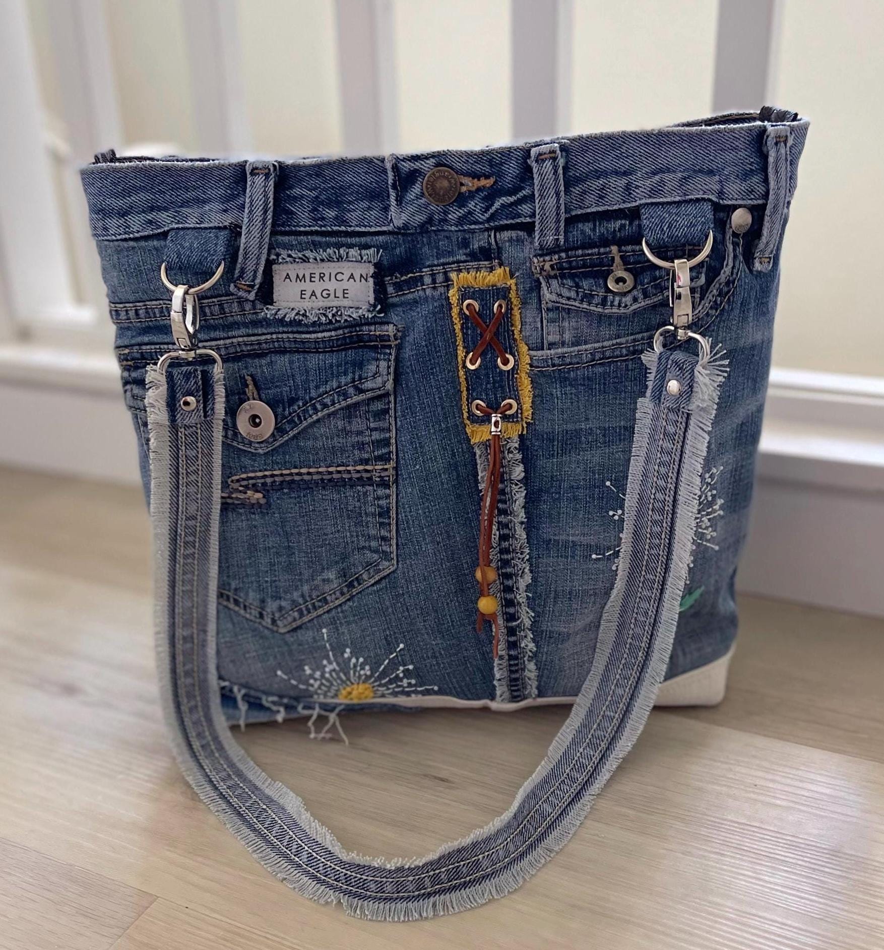 Denim Tote Hand embroidery patchwork shoulder bag-Sashiko inspired one of a kind