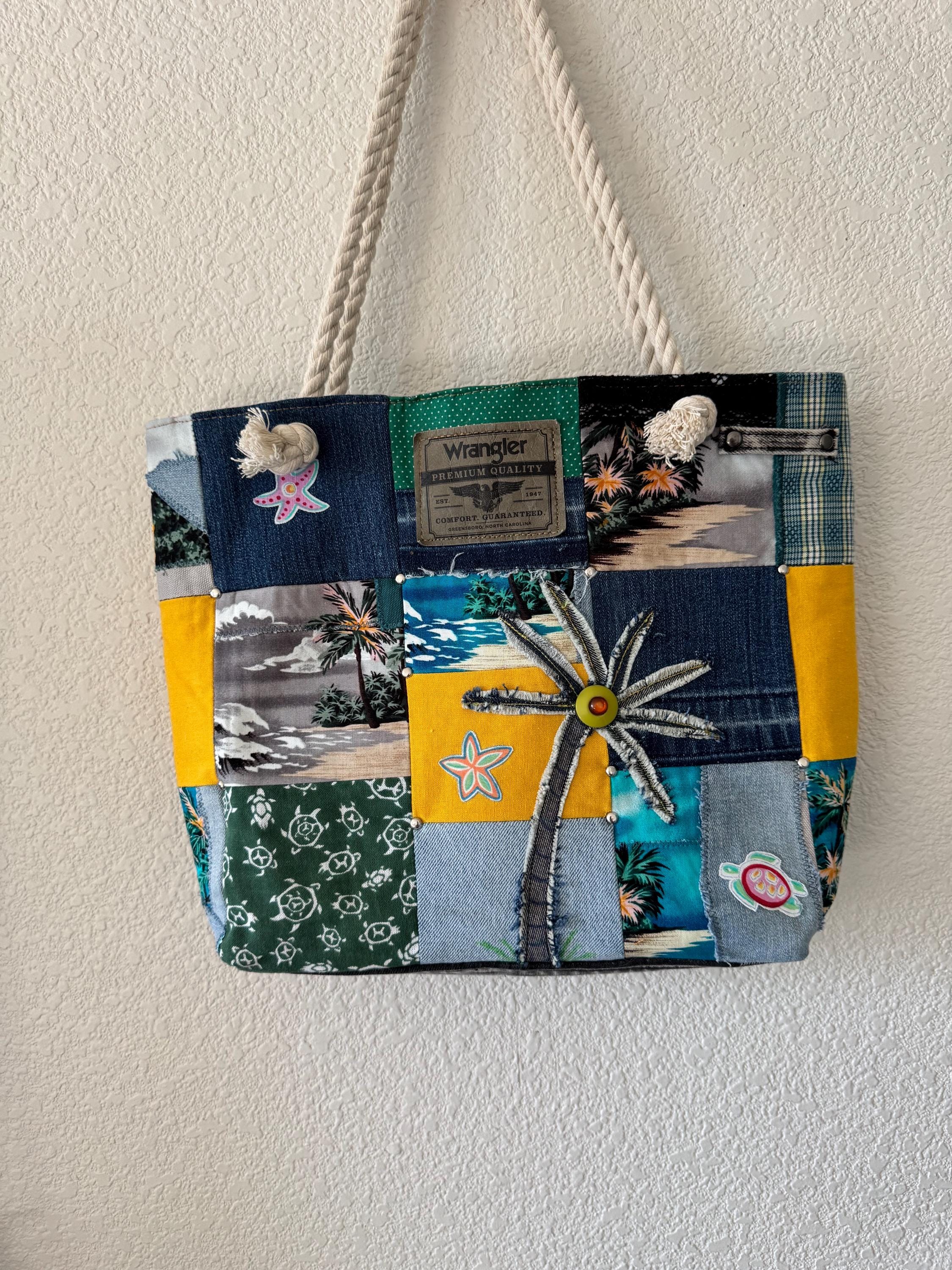 Tropical Patchwork Denim Tote Bag – Upcycled Beach Bag with Rope Handles