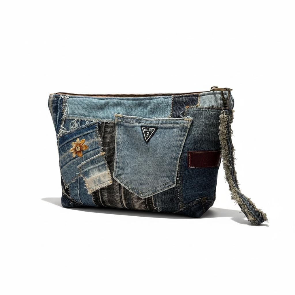 Handmade Upcycled Denim Patchwork Clutch – Boho Heart Appliqué Wristlet