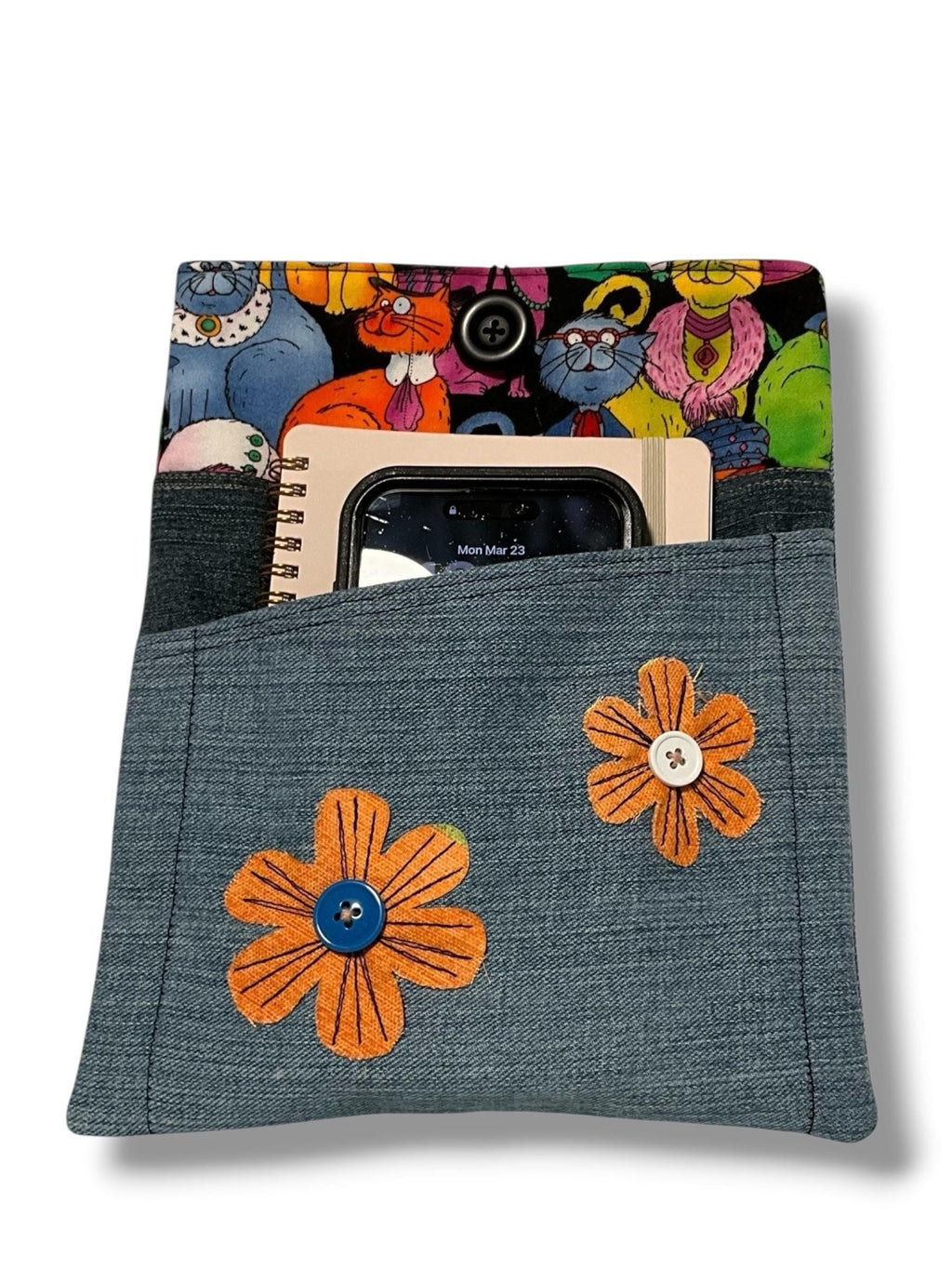 Medium Quilted Denim Sleeve | Patchwork Book Kindle Cover (8x10) Upcycled Bag