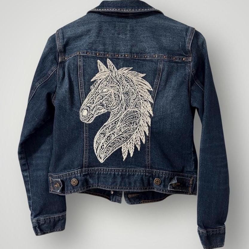 Hand Embroidered Horse Denim Jacket: Upcycled Boho Western Wear