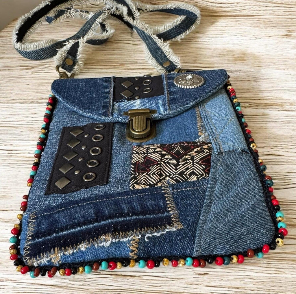 Upcycled Denim Crossbody Bag – Patchwork Design with Beaded Trim