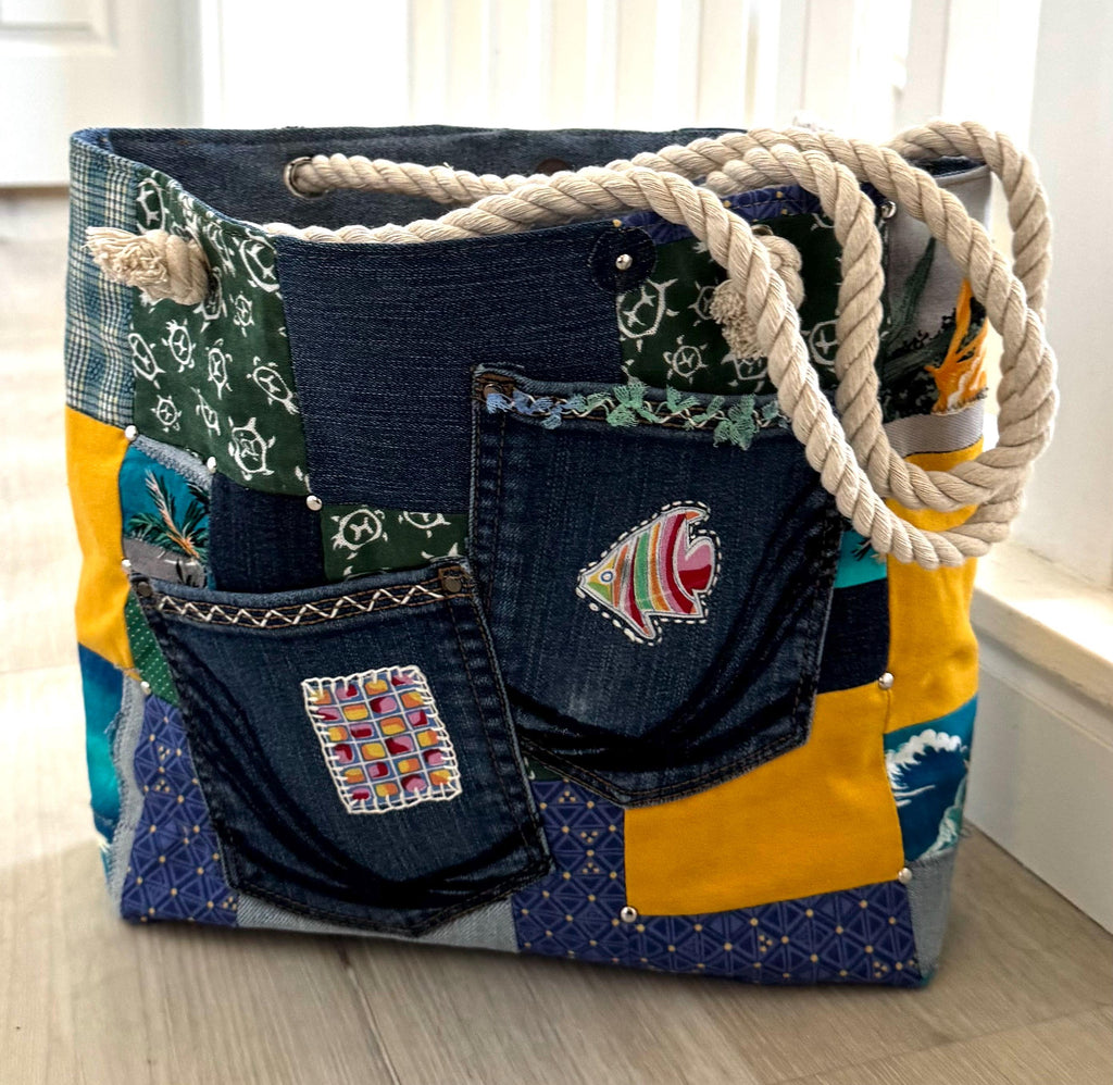 Tropical Patchwork Denim Tote Bag – Upcycled Beach Bag with Rope Handles