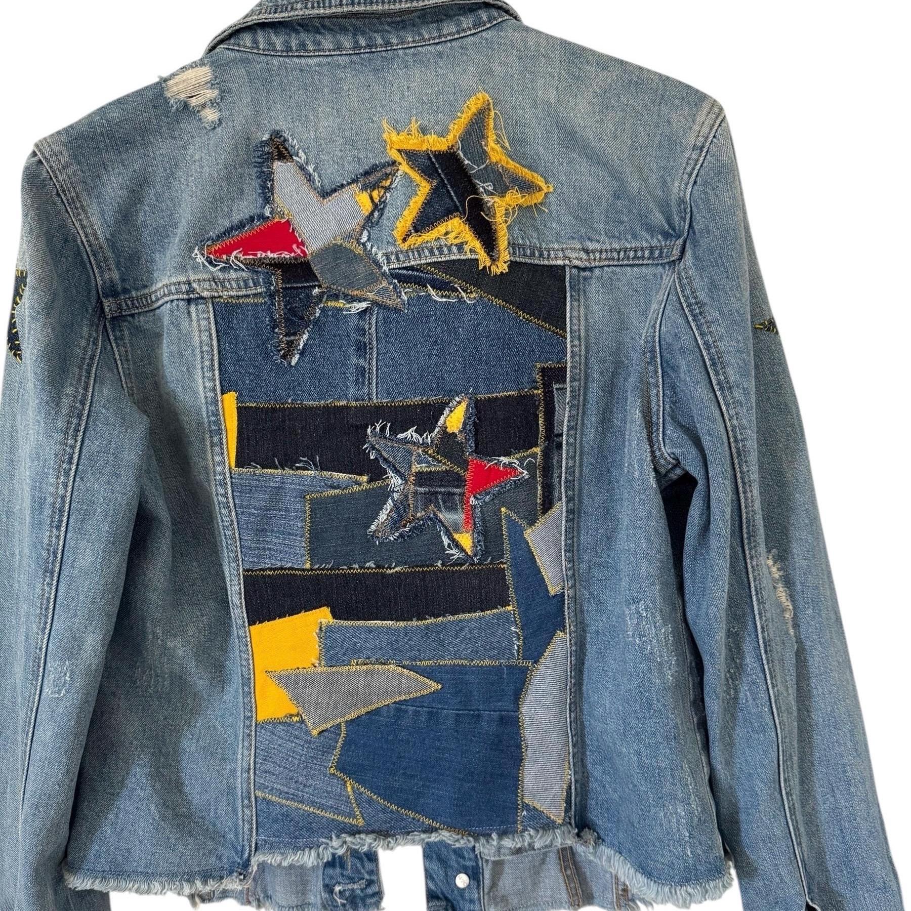 Upcycled Denim Star Patchwork Jacket: Distressed Handmade Jean Jacket - S/M