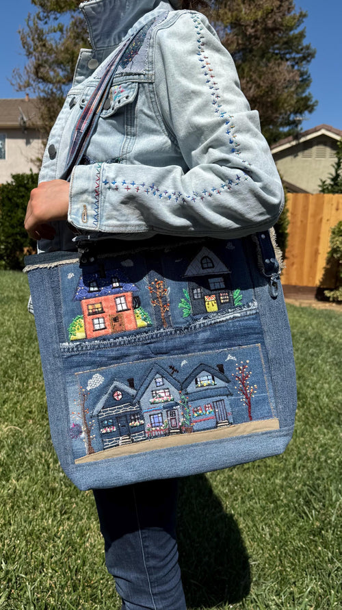 . One-of-a-Kind Handmade Denim Patchwork Shoulder Bag with Embroidery