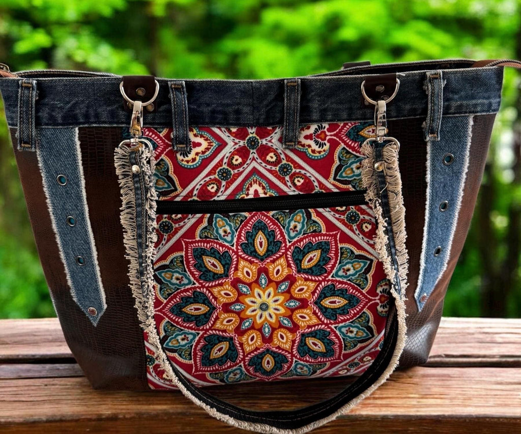 One-of-a-Kind Upcycled Denim & Faux Leather Tote Bag – Boho Patchwork Design