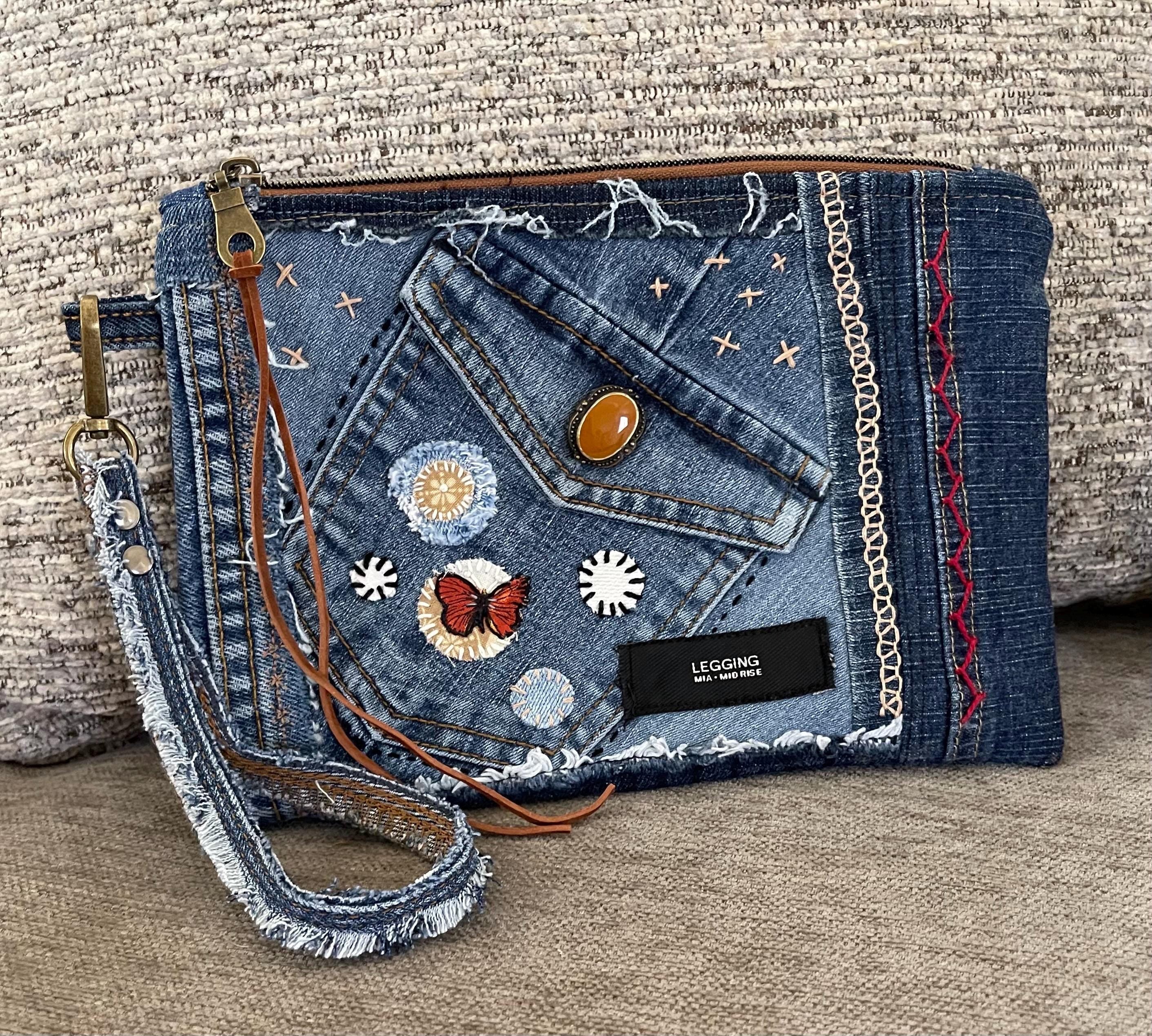 Boho Denim Patchwork Clutch Wristlet: Upcycled Jeans, Inside Pocket