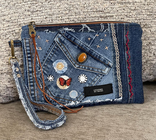 Boho Denim Patchwork Clutch Wristlet: Upcycled Jeans, Inside Pocket