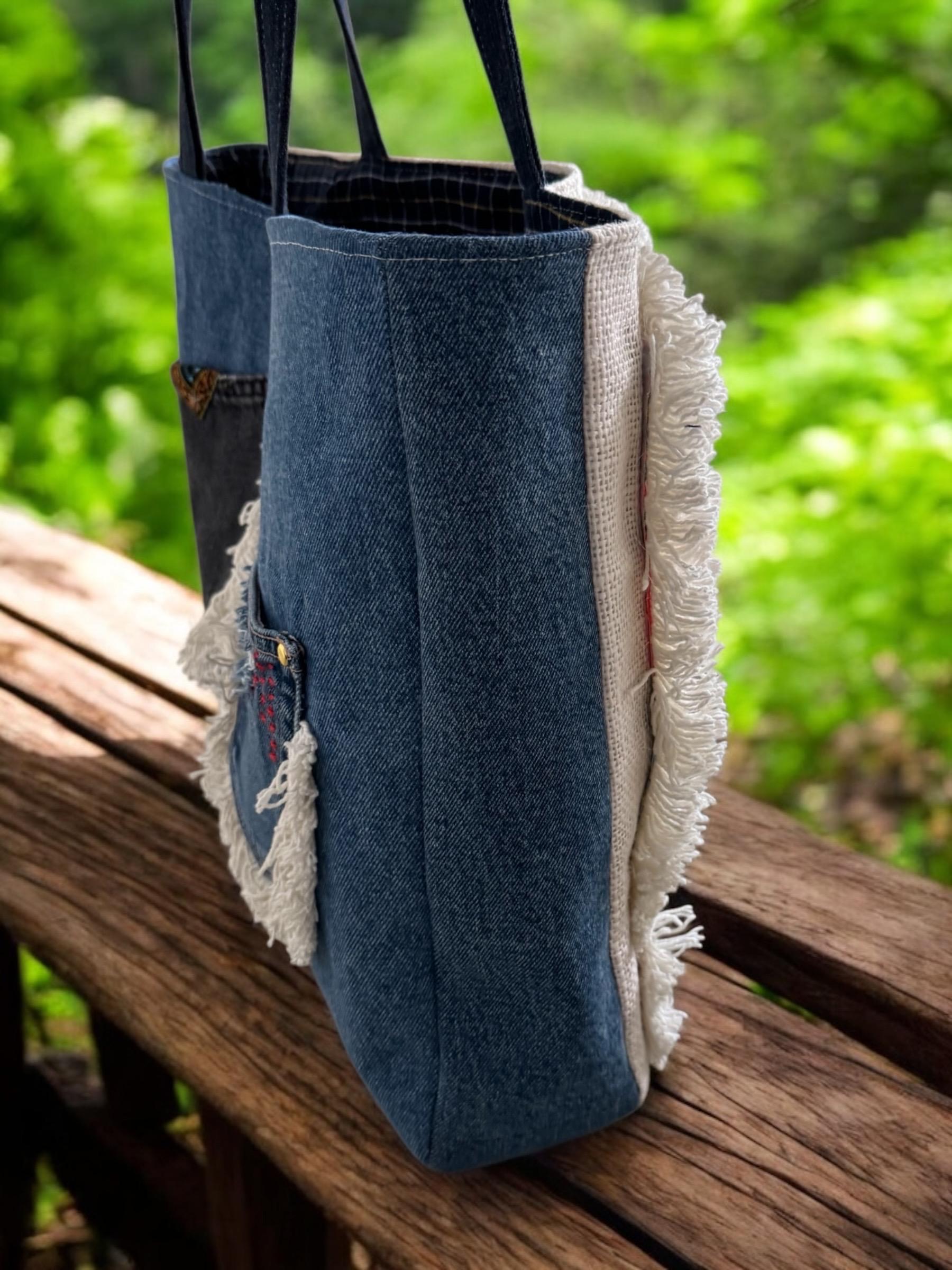 Denim patchwork large beaded embroidery shoulder bag-tote bag upcycled jeans boho chic bag