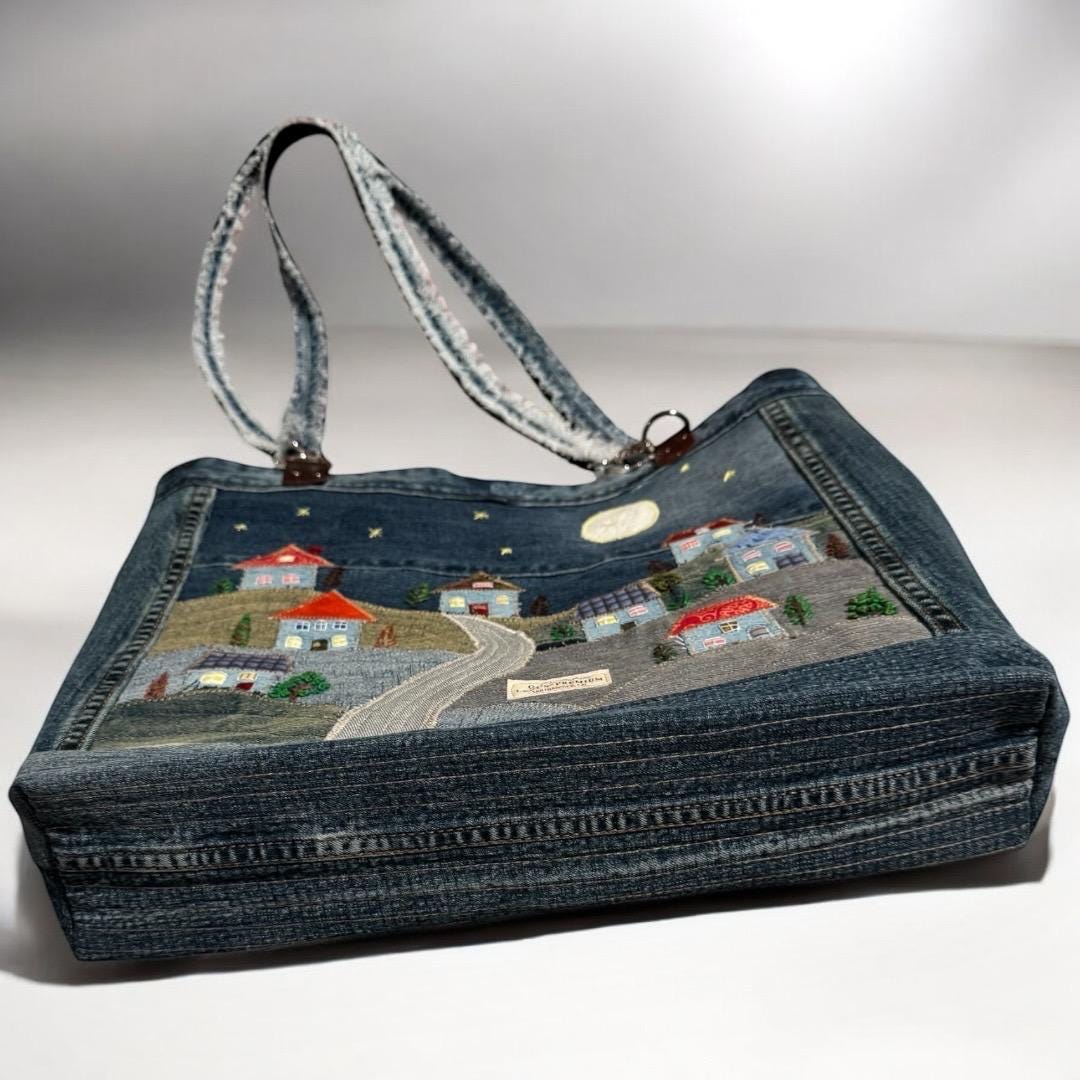 Denim Tote Bag-Handmade One-of-a-Kind  — “Moonlight Village” Patchwork Design by Indigo Threads