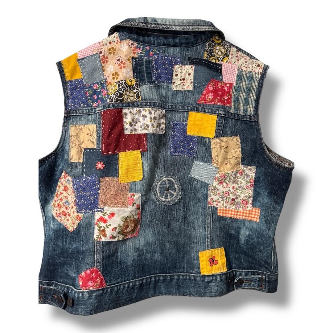 Upcycled Denim Patchwork Vest XXL | Handmade Boho Hippie Style