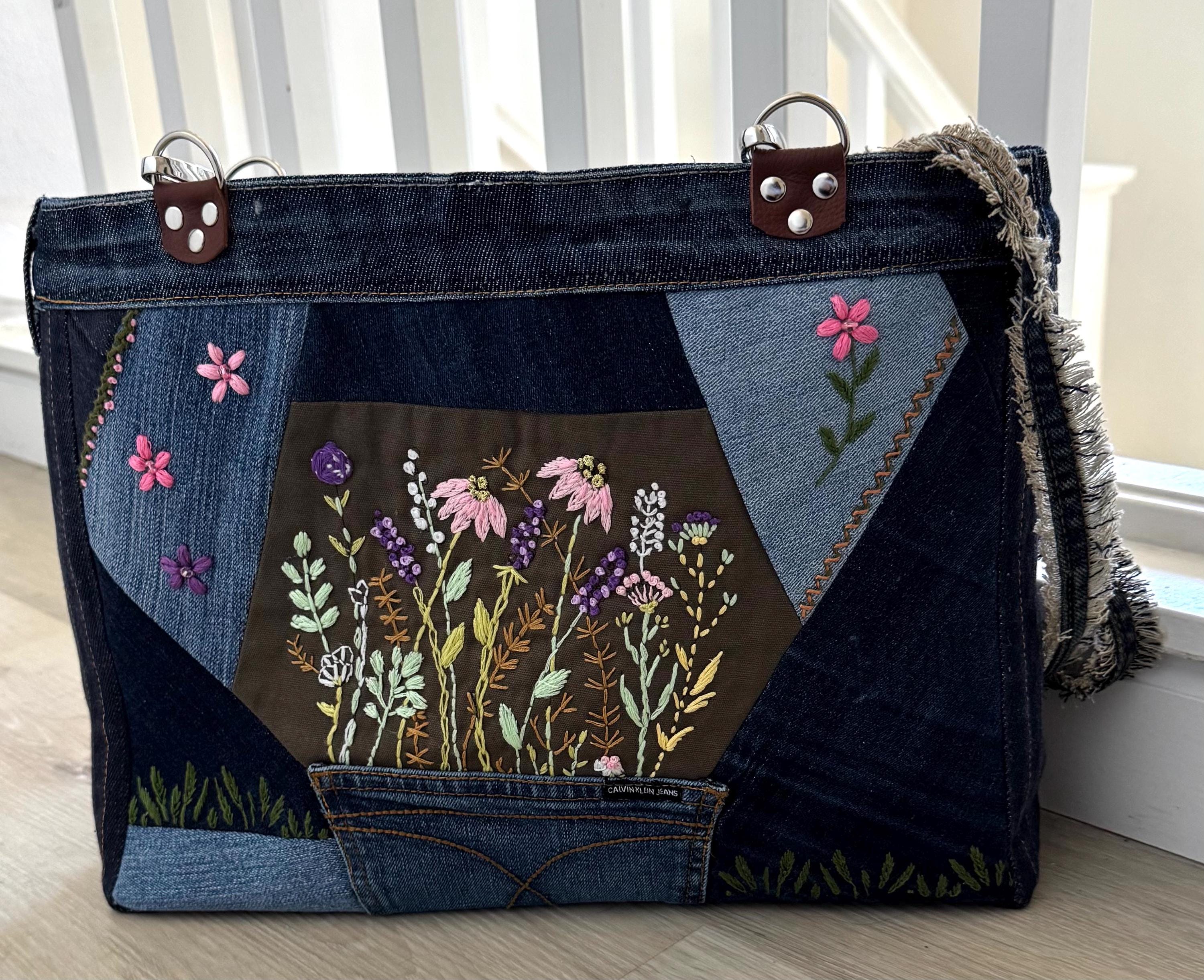 Embroidered Floral Denim Shoulder Bag: Upcycled Patchwork Tote