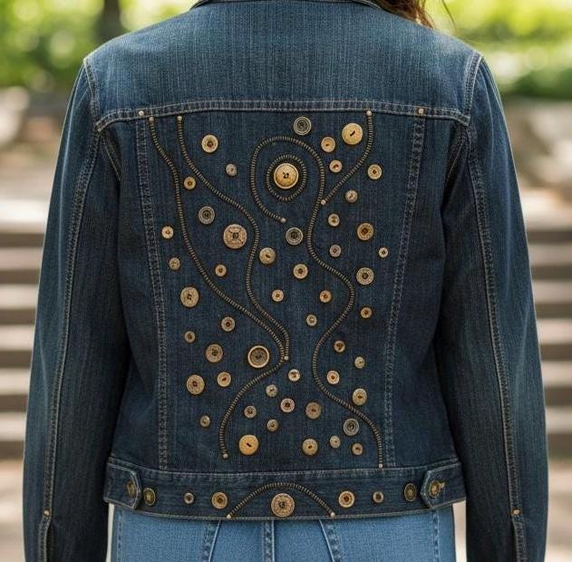 Upcycled Denim Jacket – One-of-a-Kind Wearable Art with Button & Zipper Design | Size Large