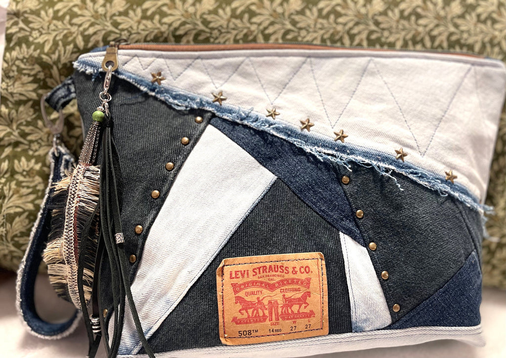 Upcycled Denim Patchwork Handbag, Boho Tassel Clutch