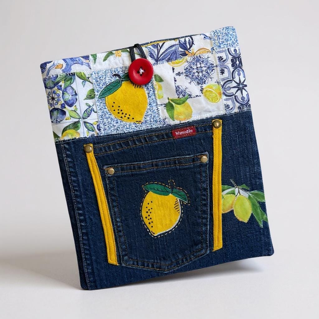 Large Quilted Denim Sleeve | Book, iPad, Tablet Organizer | Handmade Patchwork Bag (9x11)