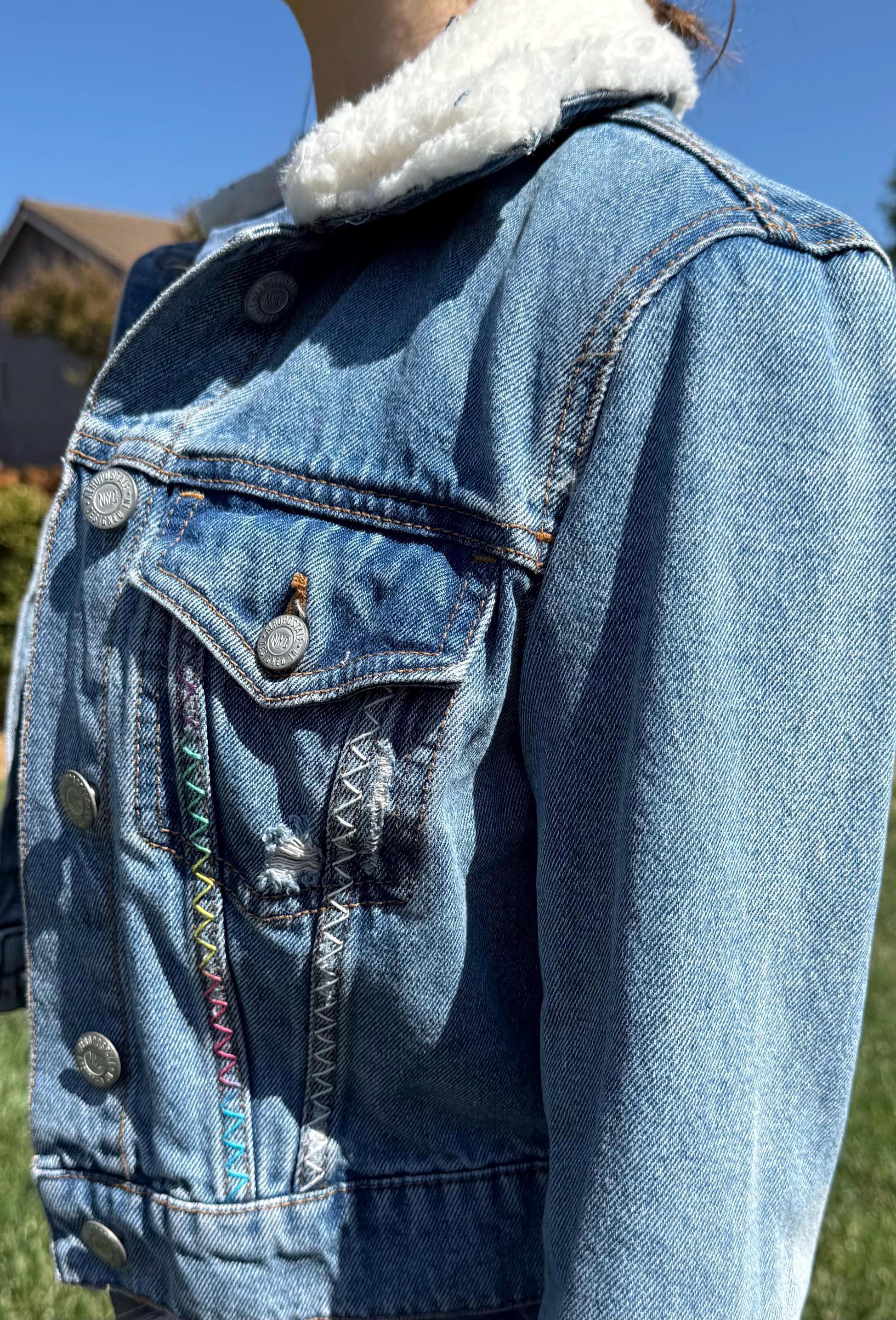 Cropped butterfly Hand-Embroidered Denim Jacket with Sherpa Collar – Small