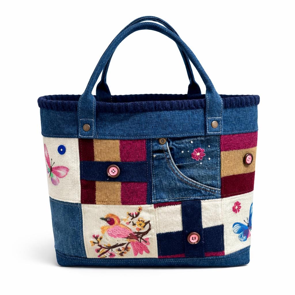Handmade Denim Patchwork Tote Bag, Embroidered Bird, Upcycled Jean Boho Bag