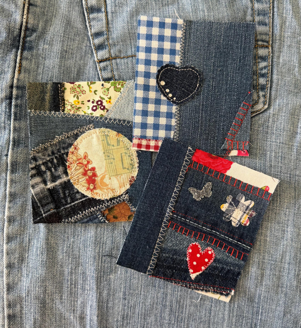 Upcycled Denim Patchwork Sew-On Patches | Boro Style Textile Art for Jackets, Bags