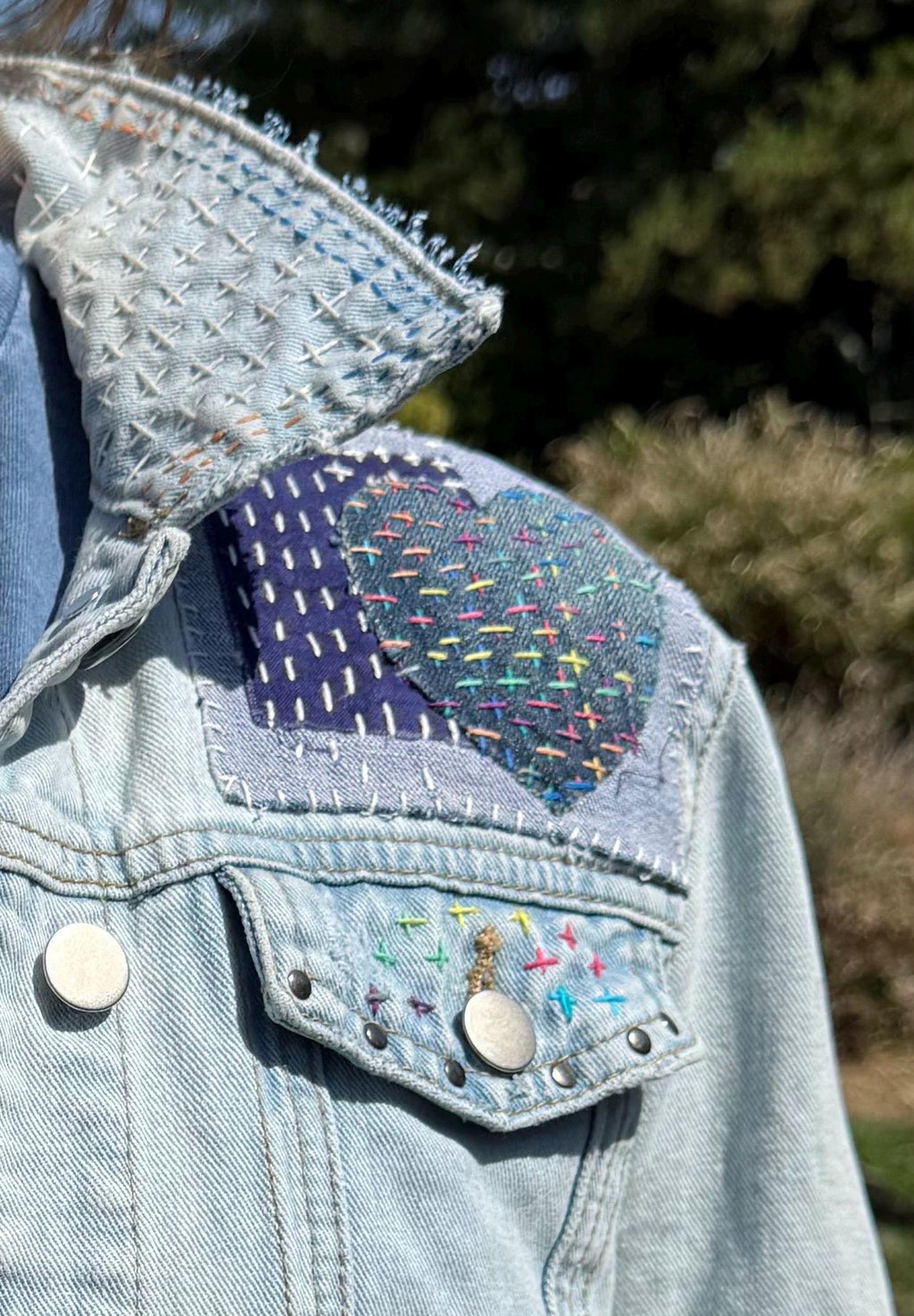 One-of-a-Kind Sashiko Boro Denim Jacket with Butterfly Appliqué | Hand-Embroidered, Upcycled, Japanese Threads