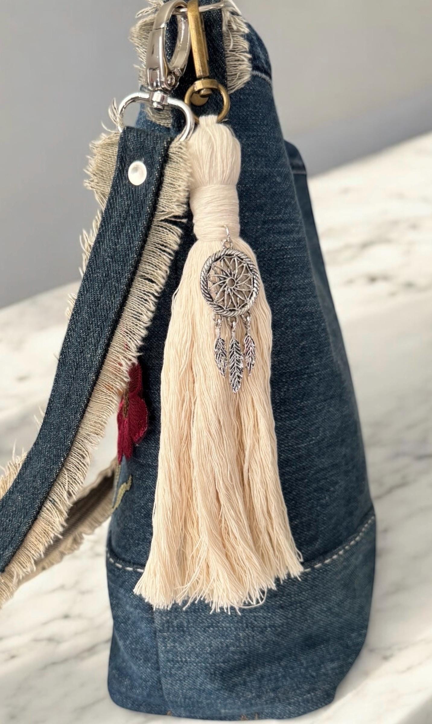 Handmade bag Tassel Charm – Wooden Beads and Dreamcatcher Accent | 8.5” Long approximately